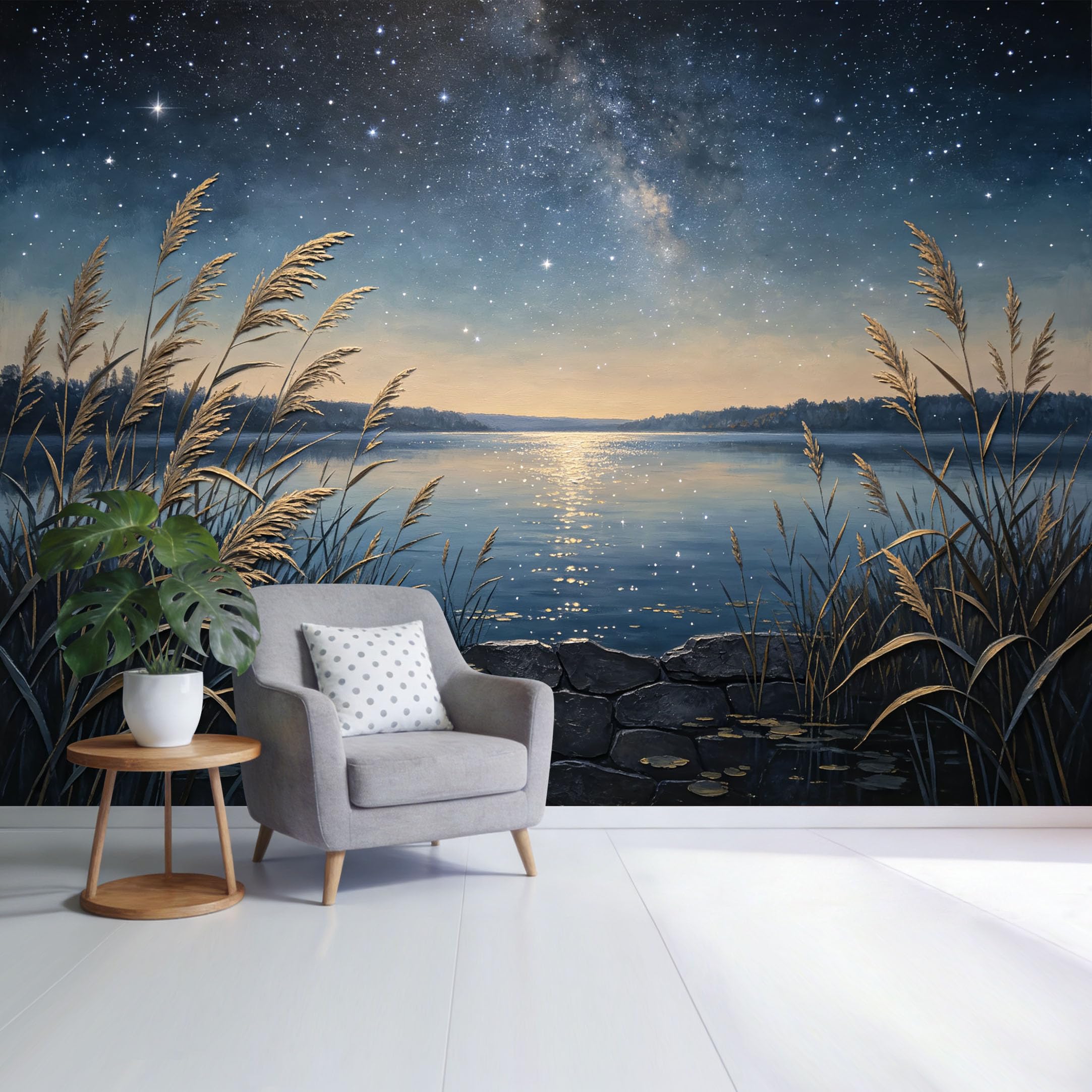 Custom Size Wall Mural Starry Night Lake Landscape Reeds Reflected Water Modern Tranquil Nature Scenery SelfAdhesive Wall Fabric Removable Wallpaper for Home Office Decor