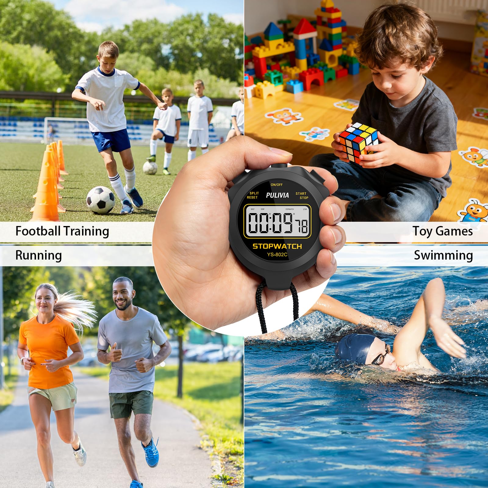 Cronometro Sportivo con Pulsante Silenzioso e ON/OFF, Senza Orologio né Calendario per un Facile Utilizzo, Cronometro Digitale PULIVIA per Bambini, Allenatori, Allenamento e Corsa, Nero