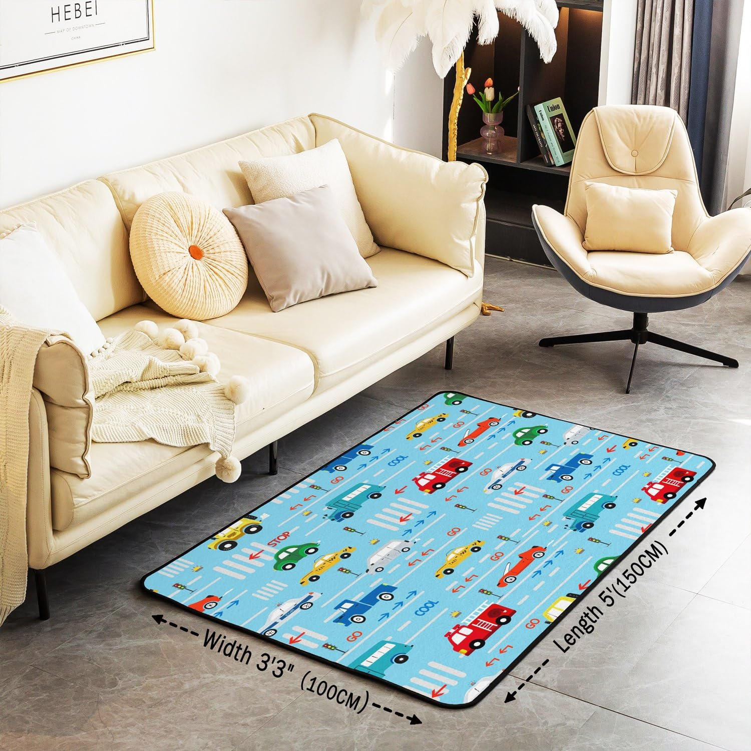 Tappeto per auto con cartoni animati, 150 x 200 cm, per bambini, veicoli di trasporto, auto, soggiorno, tappeti per ragazzi e ragazze, camion dei pompieri, tappeto decorativo per interni, tappetino b