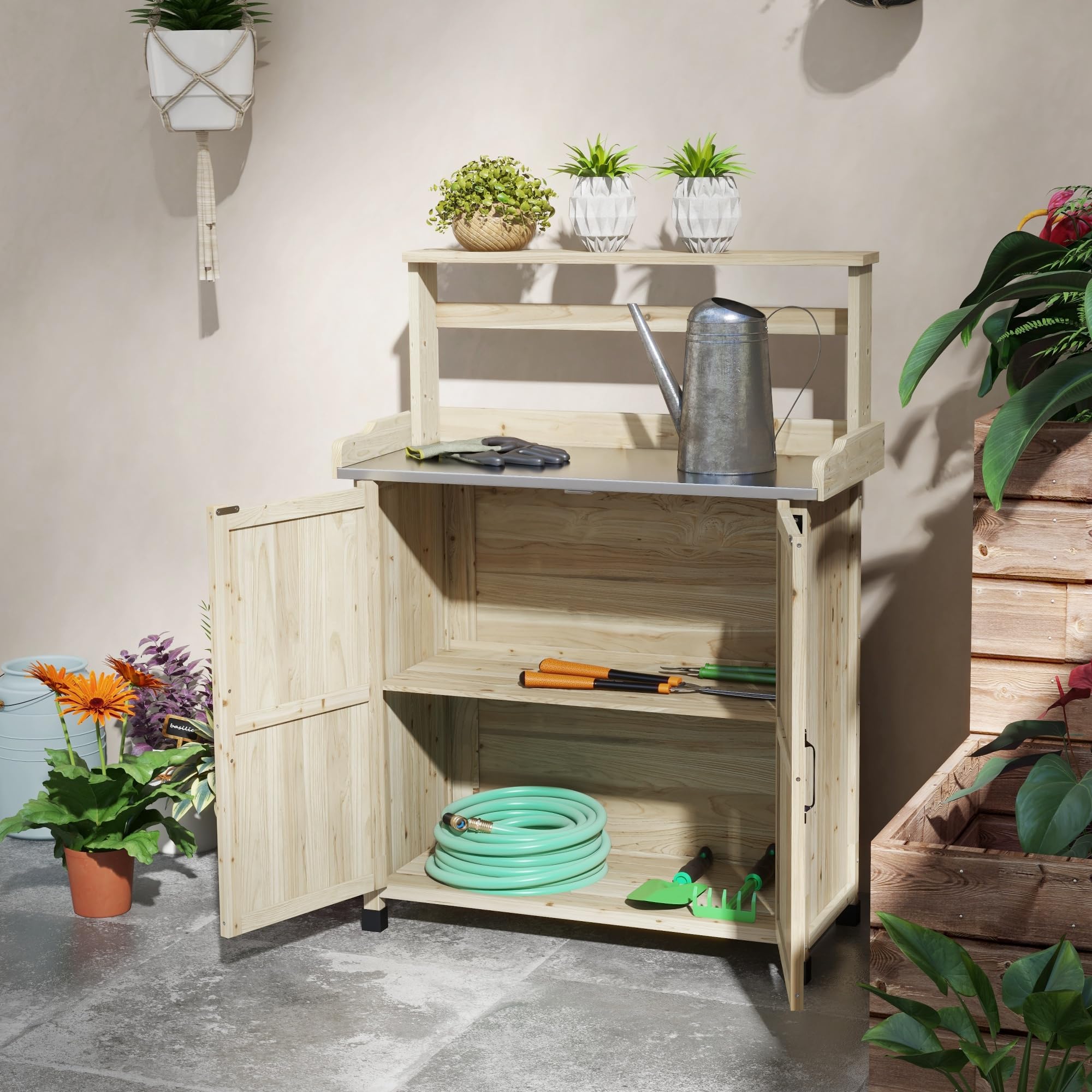 Outsunny Tavolo da giardino in stile rustico con armadio e ripiani e piano zincato antiscivolo in legno abete pre-oliato dim. 90,5 x 41 x 124,5 cm effetto legno naturale
