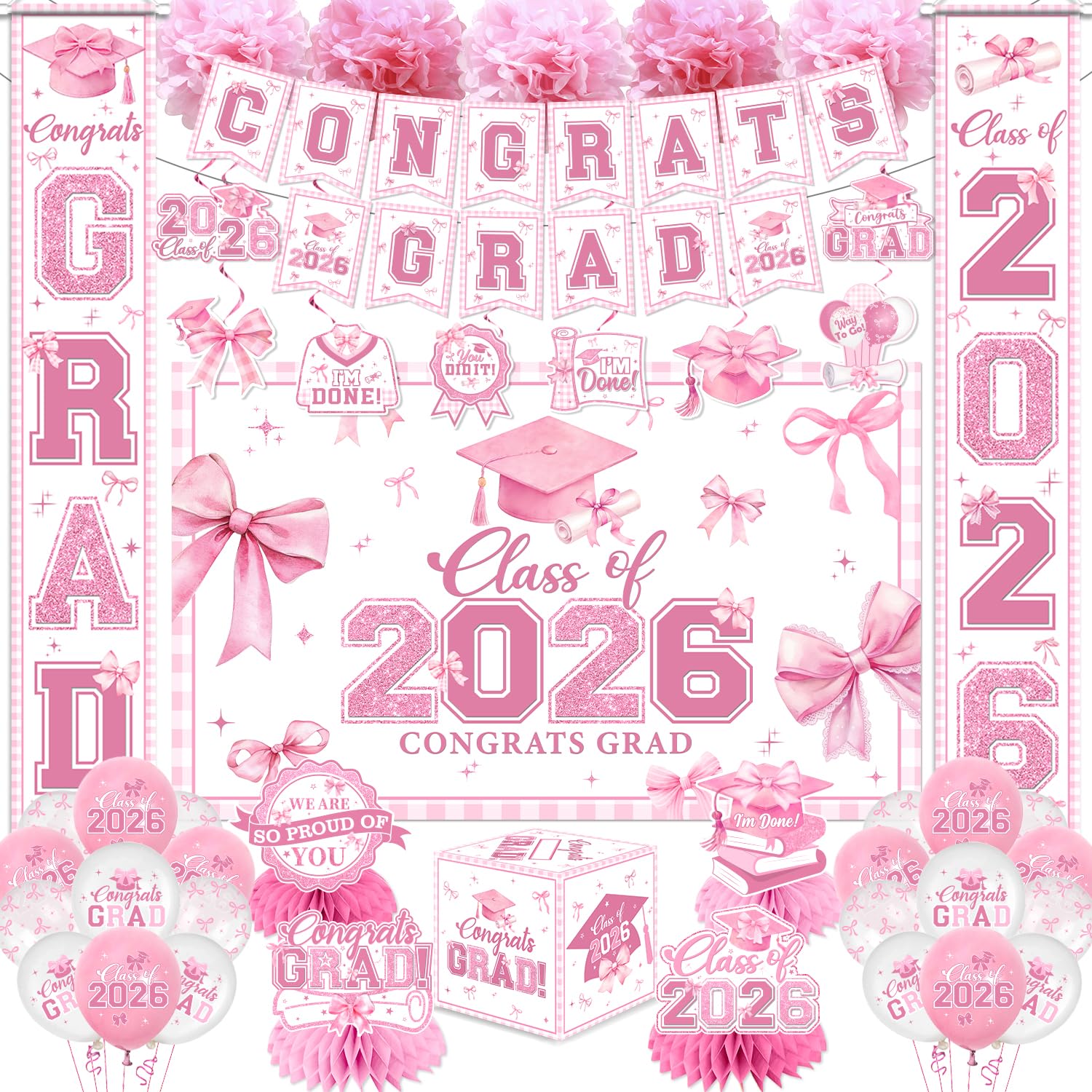 Photo 1 of Pink Bow Graduation Decorations 2026 Set, All-in-1 Coquette Kit with Congrats Grad Banner Class of 2026 Backdrop Porch Sign Balloons Centerpieces Card Box Pom Poms Streamers for College High School
