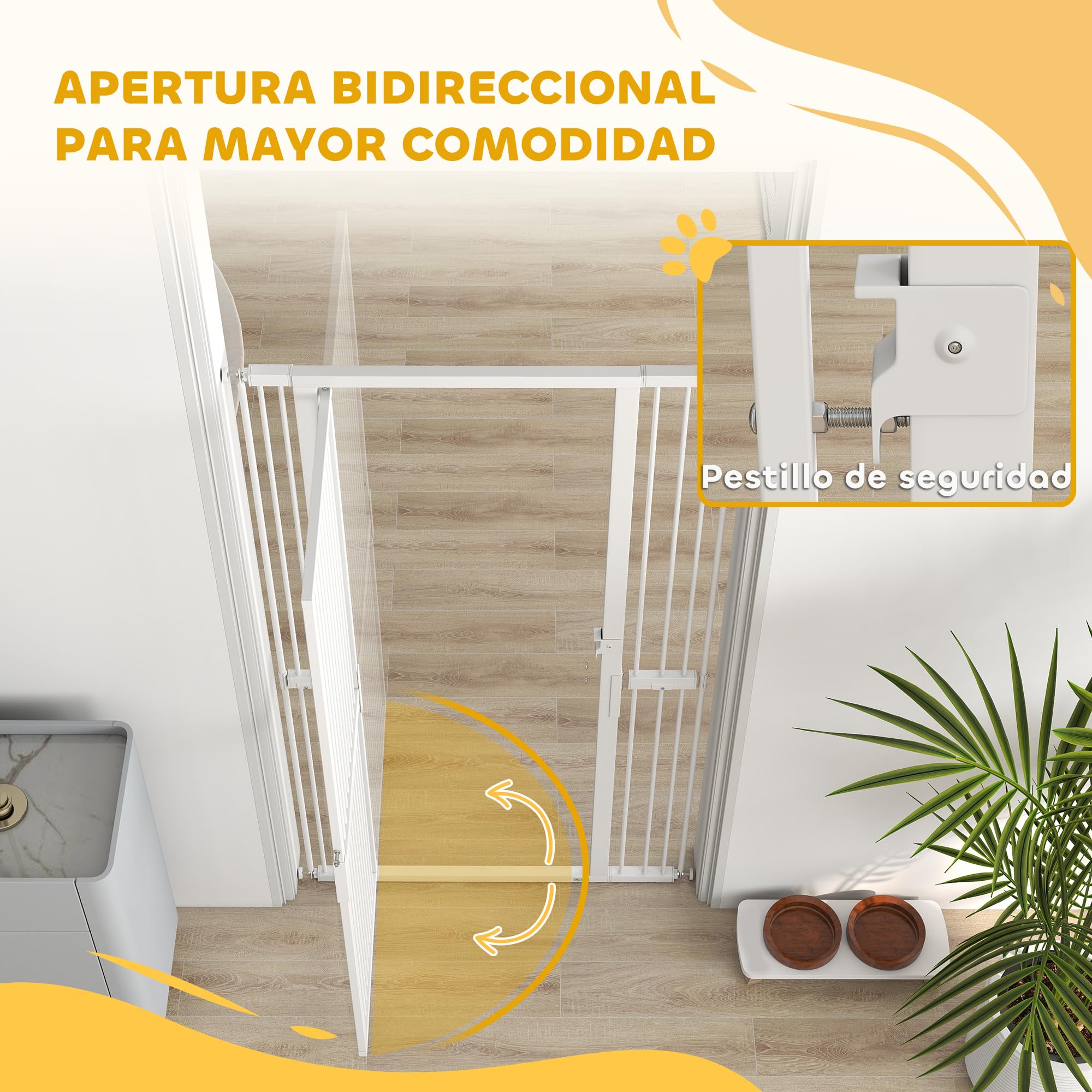 PawHut Barrera de Seguridad para Perros y Gatos Extra Alta 180 cm, Barrera para Perros Extensible 77-104 cm, Separación 3,5 cm, para Puertas y Escaleras, con Montaje a Presión, 2 Extensiones, Blanco