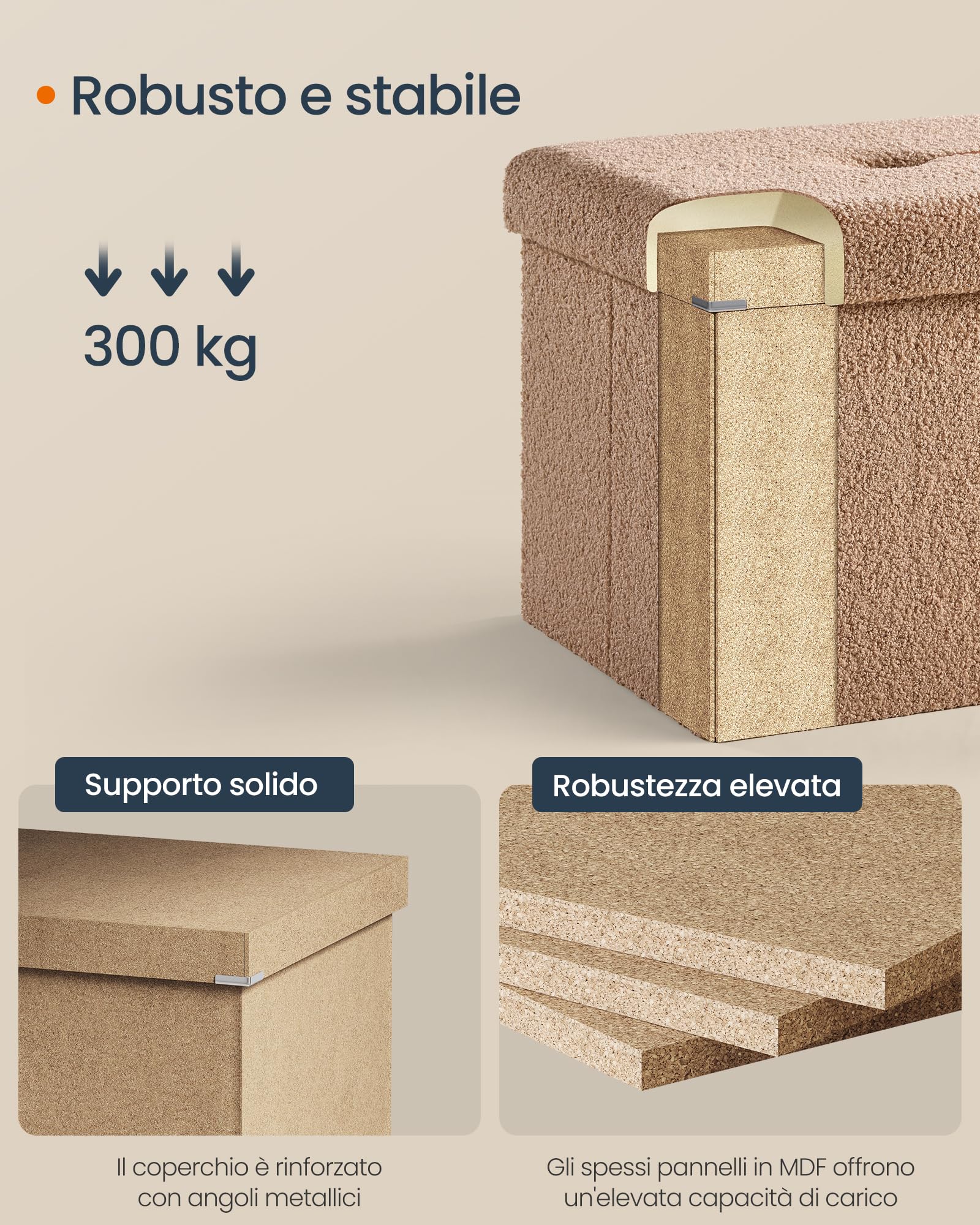 SONGMICS Cassapanca, Pouf Contenitore, Sgabello Poggiapiedi Pieghevole 38 x 110 x 38 cm, Regge fino a 300 kg, per Soggiorno, Camera da Letto, Ingresso, Marrone Cammello LSF097K01V1