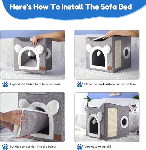 Miniatura 5 de CATISM Camas plegables para gatos de interior, casa grande para gatos con almohadilla para raspar y bola esponjosa para colgar, escondite de dos