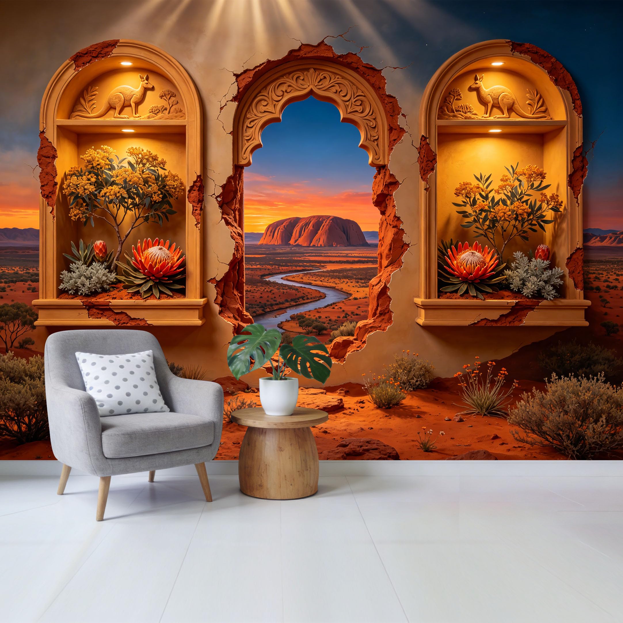 Custom Size Wall Mural Desert Landscape Red Rock Canyon Sunset Botanical Kangaroo Art Removable Self Adhesive Fabric Home Wall Decor for Living Room Bedroom Bathroom