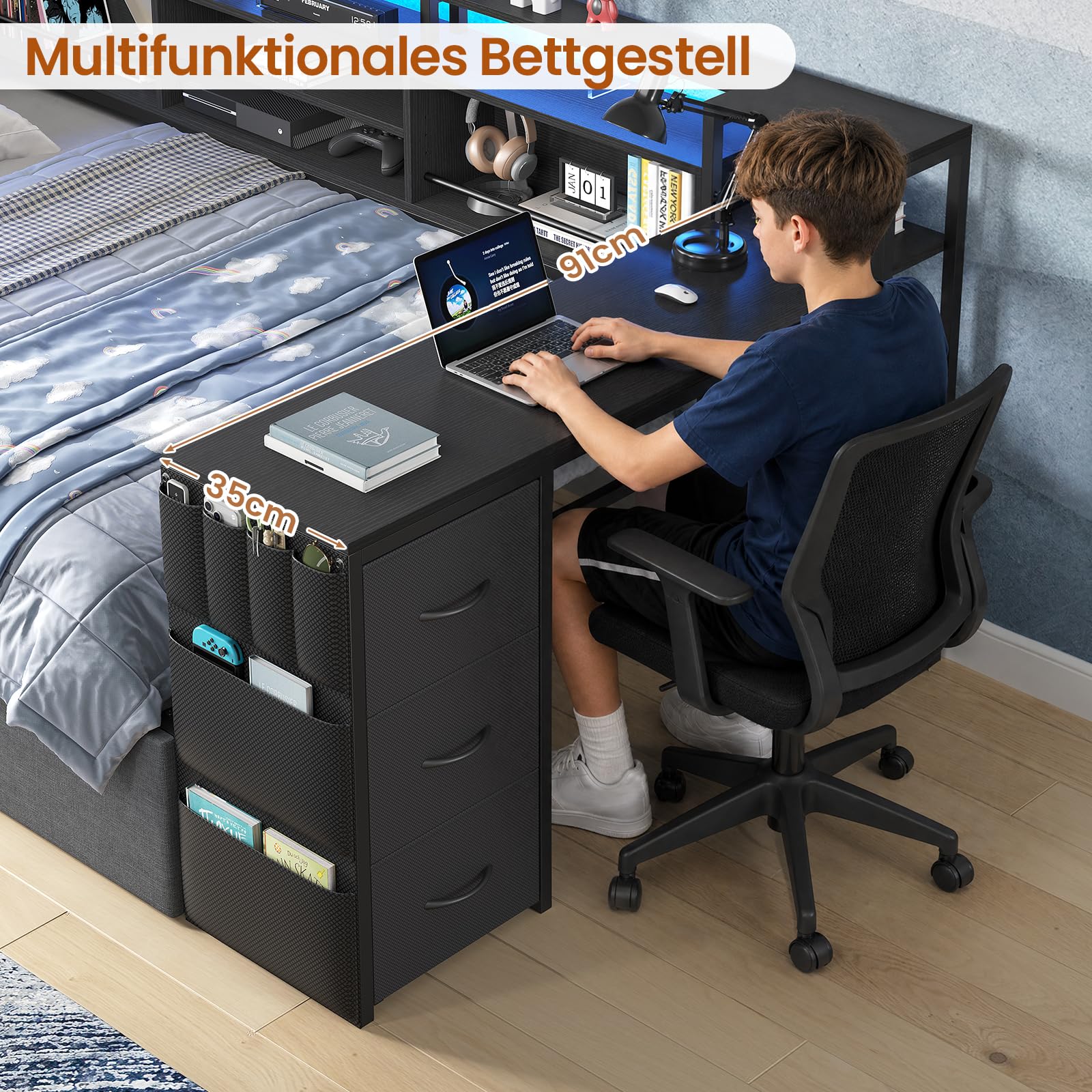 Jugendbett 90x200 mit LED-Beleuchtung und Ladestation |Polsterbett mit 91x35 cm integriertem Schreibtisch |Tagesbett mit gepolstertem Kopfteil |Daybed |Offene Fächer mit Schutzstangen |Schwarz