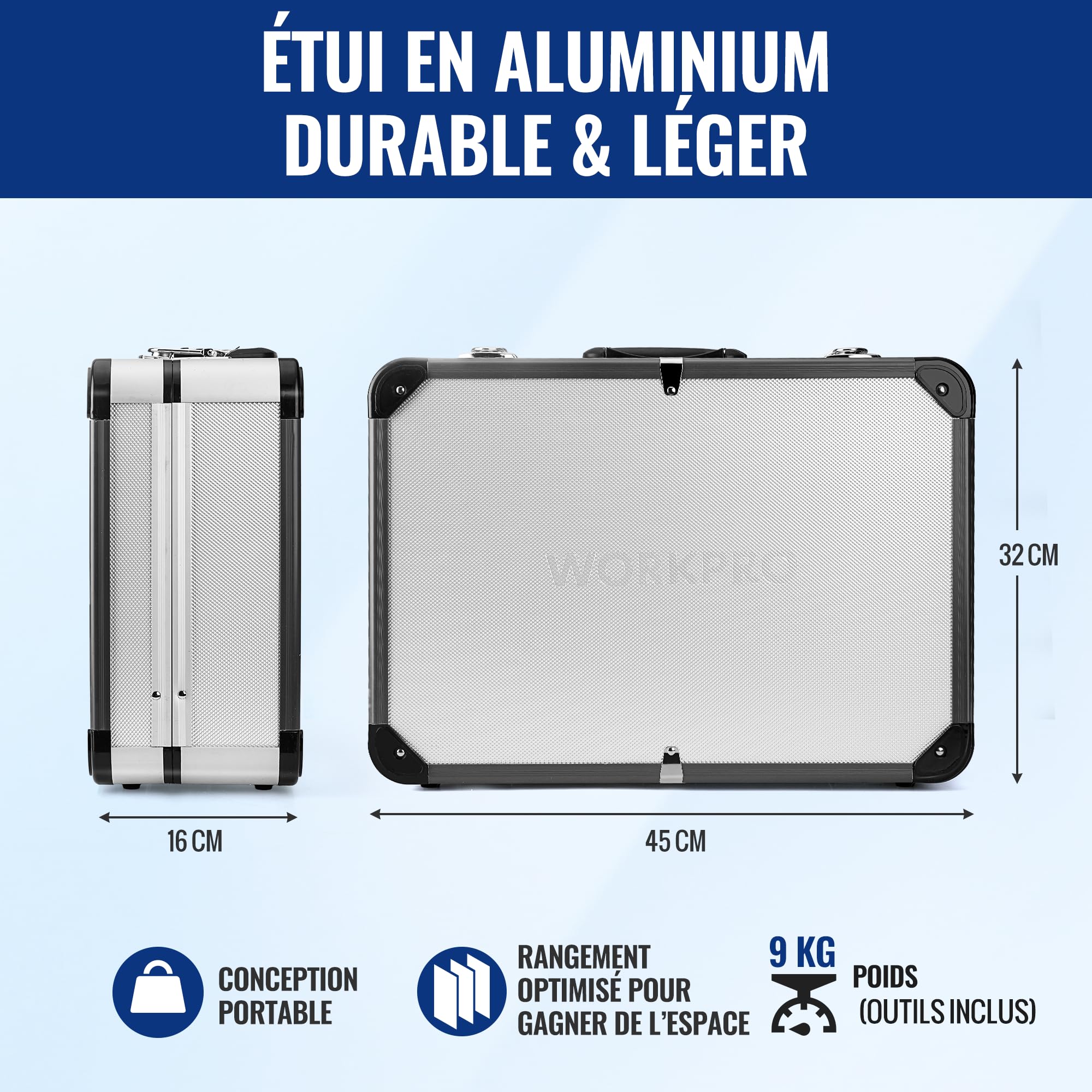 WORKPRO Caisse à Outils Complete Professionnelle | avec Mallette en Aluminium, Boite à Outils Complete pour Réparation Dommestique ou de Travail 119 Pièces