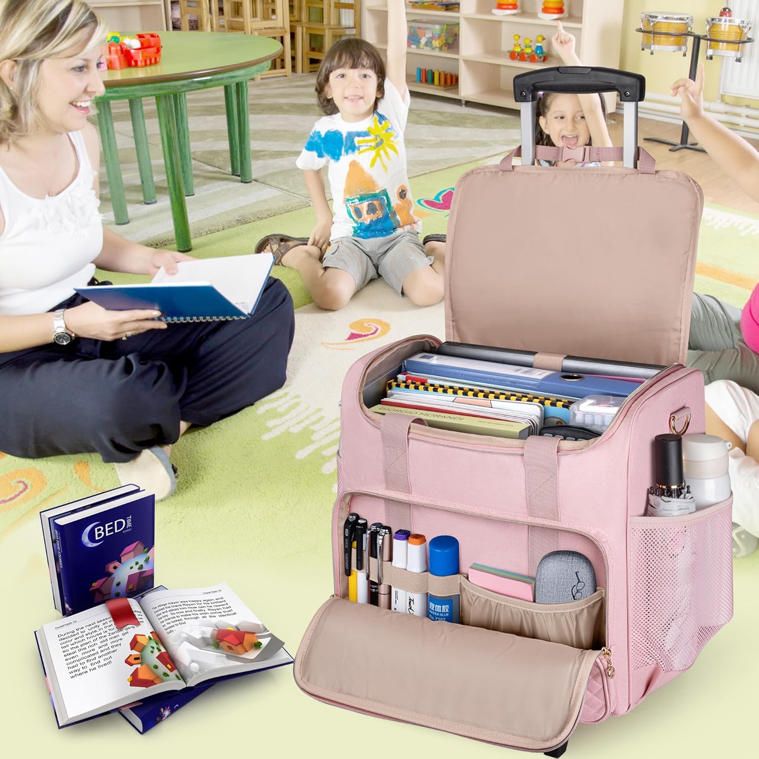 LUXJA Rolling Teacher Bag with Laptop Compartment and Detachable Dolly, Multifunctional Rolling Teacher Tote Bag (Patent Pending), Pink - Image 7