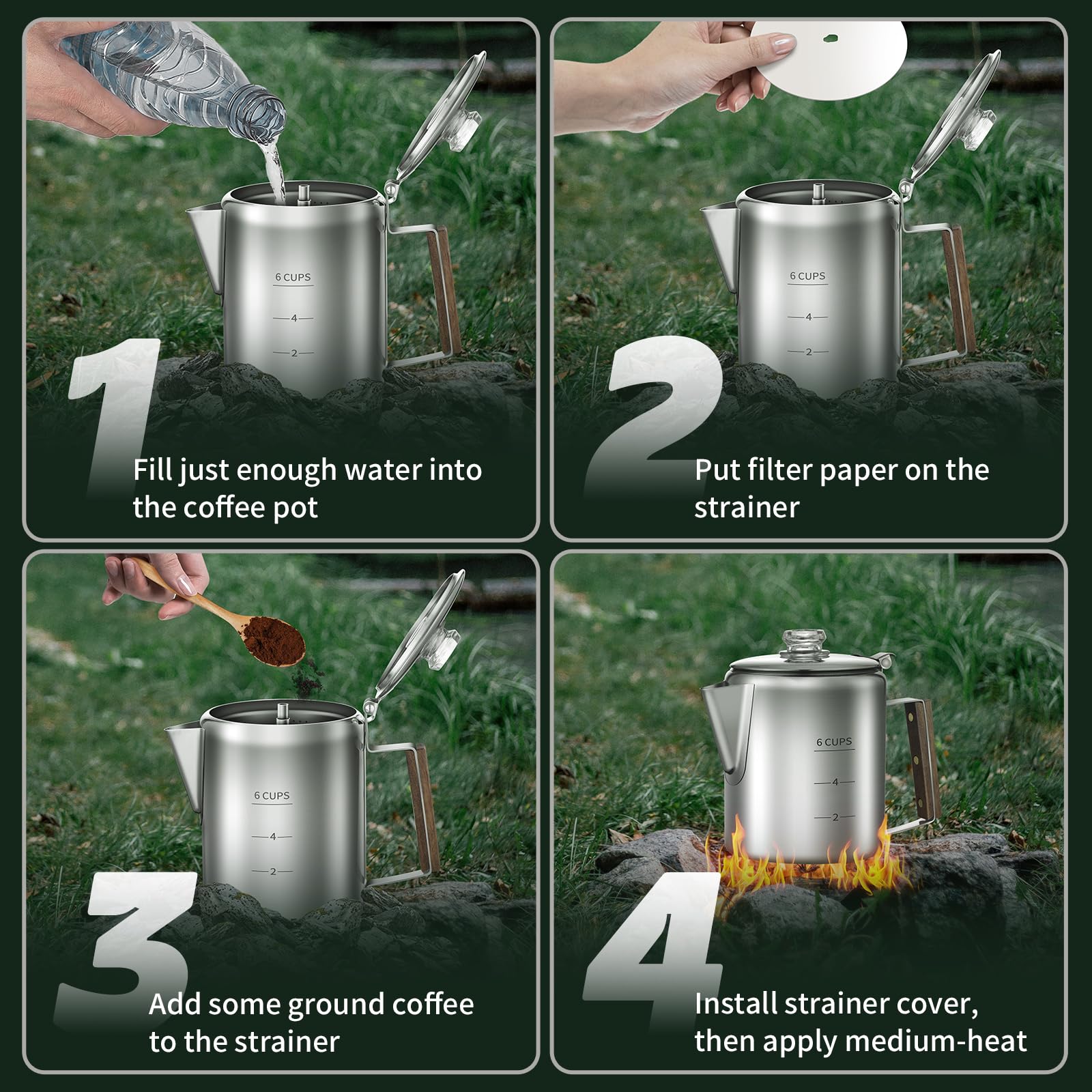 Kaffeeperkolator mit 100 Kaffeefiltern, 6 Tassen, langlebiges Edelstahlmaterial, Camping-Kaffeekanne, Kaffee auf Feuer, Grill oder Herd, ideal für Zuhause, Camping