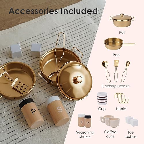 Miniatura 6 de Cocina de juego de madera rosa para niños electrodomésticos realistas, almacenamiento y 15 accesorios divertidos para inspirar juegos de simulación