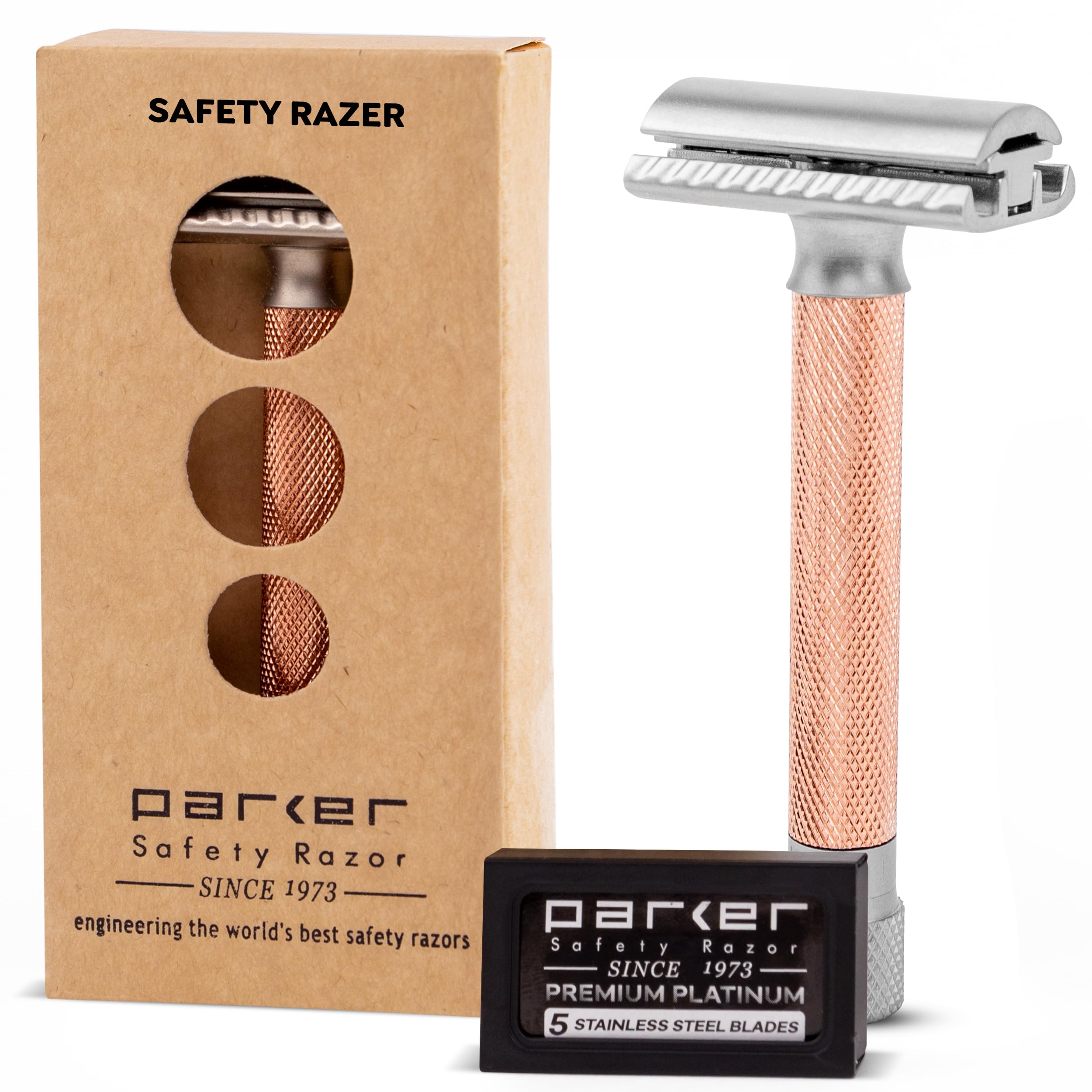 Parker THE VARIANT CLOSED COMB - ADJUSTABLE Double Edge Safety Razor, Customize your Shave with a Turn of the Dial from Mild to Aggressive - 5 Blades Included (ROSE GOLD)