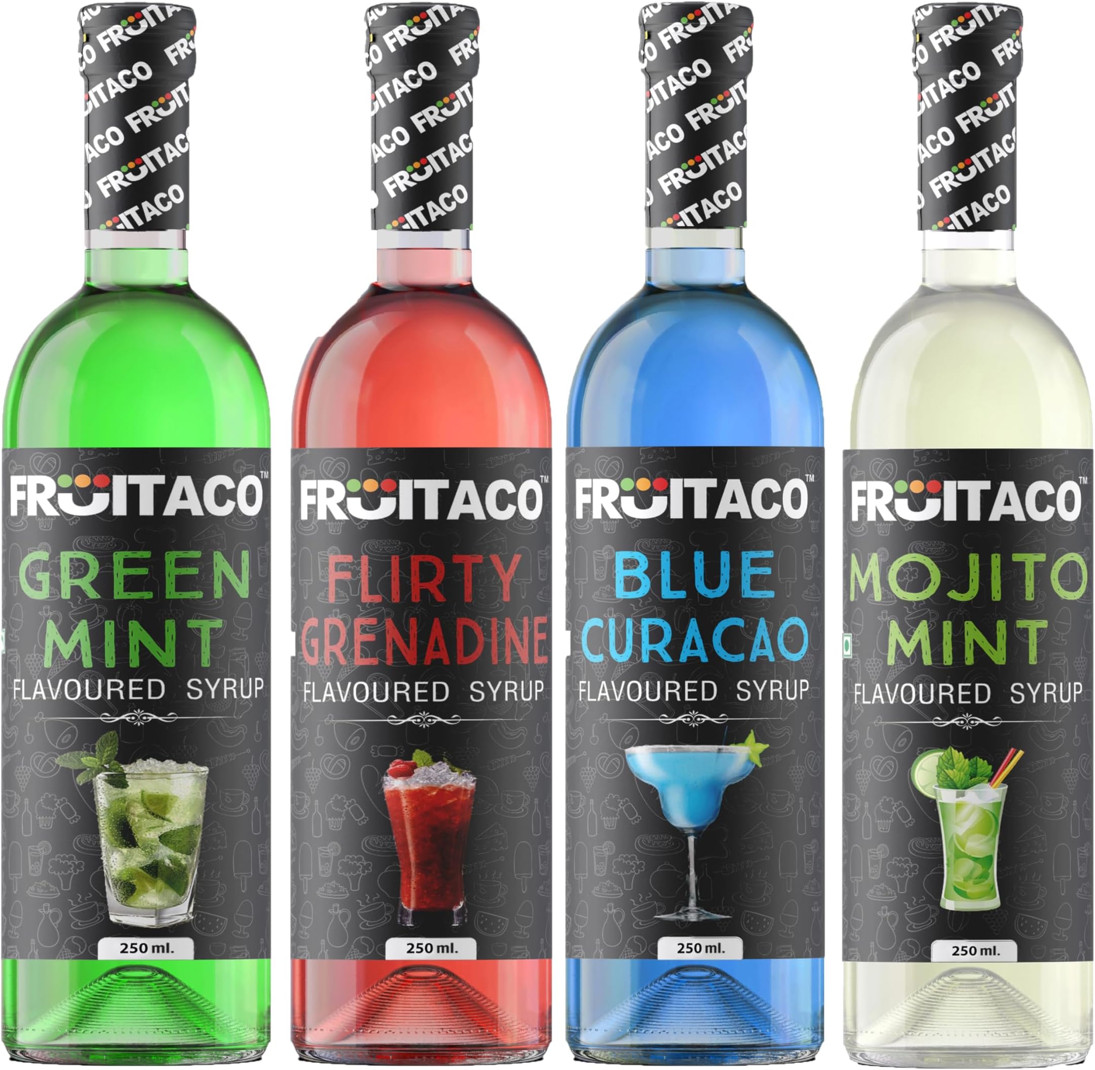 Fruitaco Blue Curacao, Grenadine, Green Mint & Mojito Mint 250ml each - Mocktail, Mojito Syrup - Perfect for Mocktails & Cocktails, Mint Syrup Flavor Pack of 4 1000ml