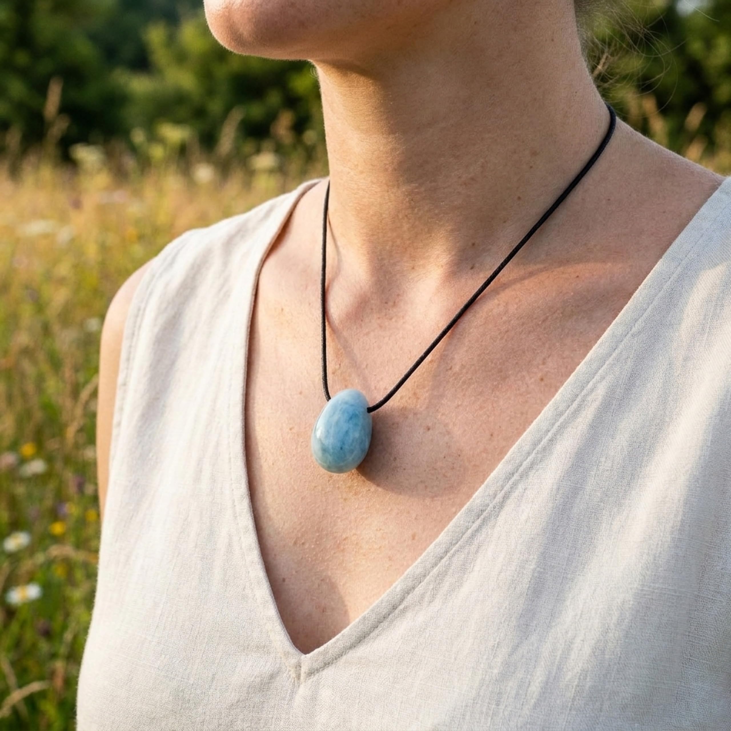Lebensquelle Plus Colgante de gota de aguamarina | colgante de piedra tamboreada perforada con cinta de algodón | colgante de piedras preciosas de, Piedra semipreciosa, Aguamarina