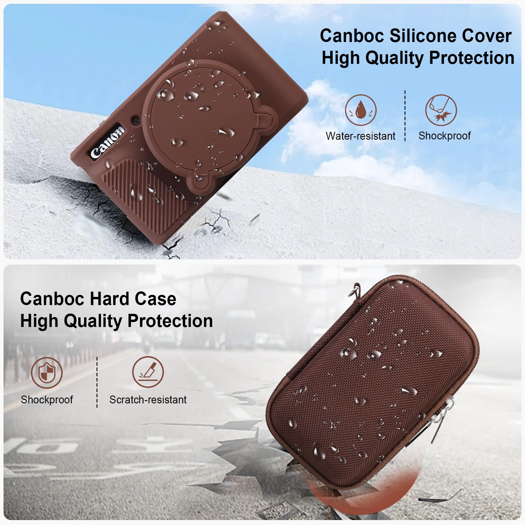 Canboc Custodia fotocamera digitale Canon PowerShot SX740 SX730 HS, custodia da trasporto dura + copertura protettiva in silicone morbido con copertura lente rimovibile, marrone
