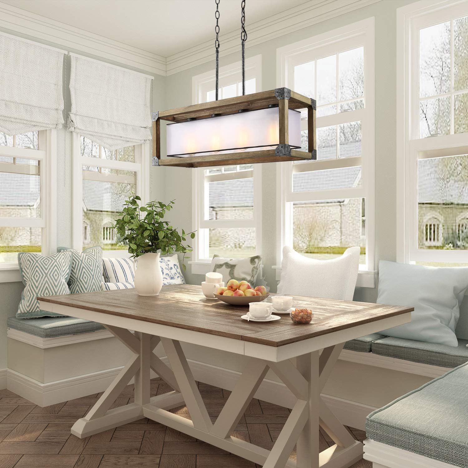 Top Rated KSANA Farmhouse Chandelier, Dining Room Lighting Fixtures Hanging in Rustic Rectangle Wood and Metal Finish, Linear Pendant Lamps with PC Shade for Kitchen Island, Entryway