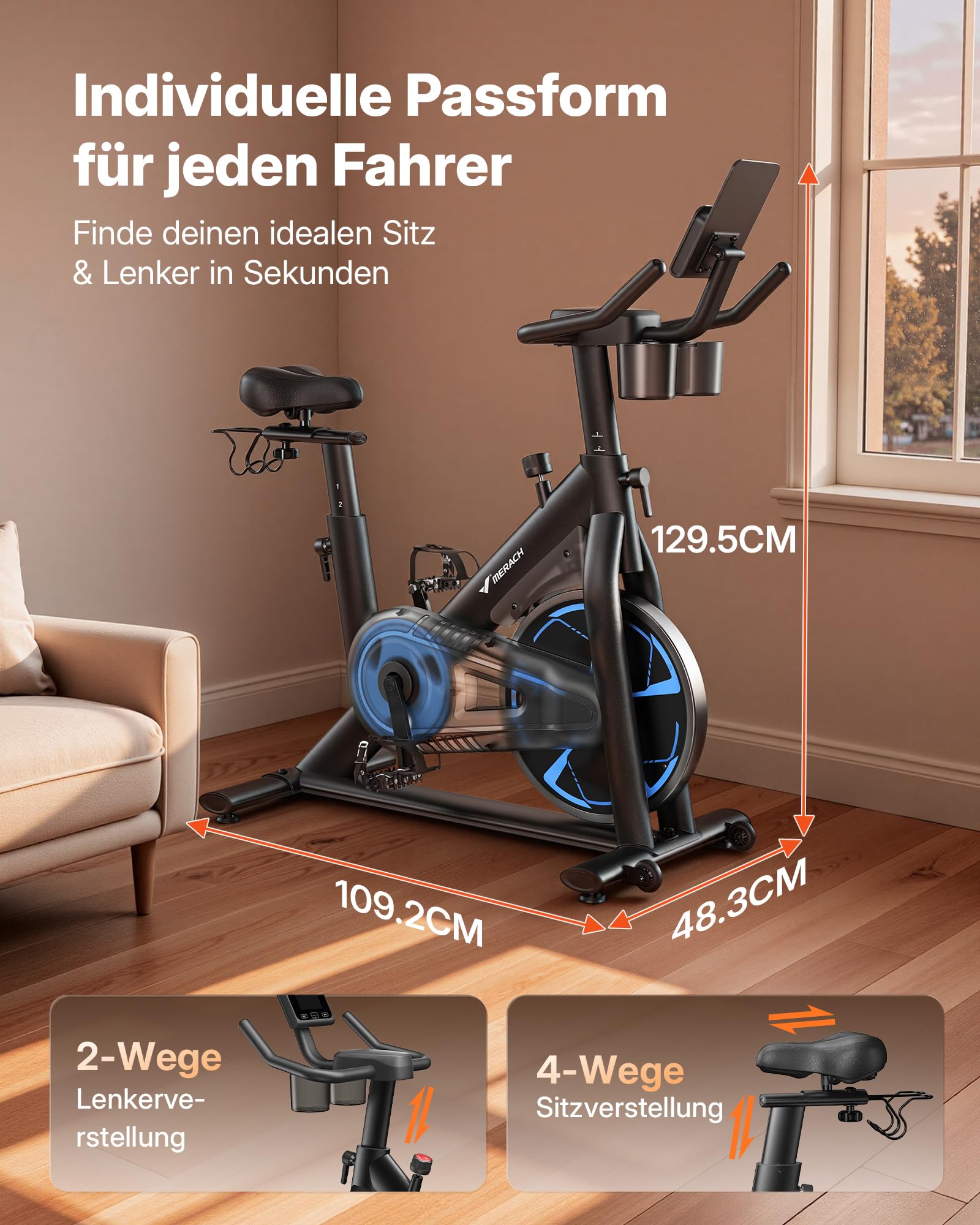 MERACH PRO Heimtrainer Fahrrad mit 8KG High-Inertia Schwungrad für Optimierte Laufruhe, Leises Magnetbremssystem, Verstärkter H-Rahmen, Stoßdämpfender Luftkissensattel, Eigene App, Bis 150KG