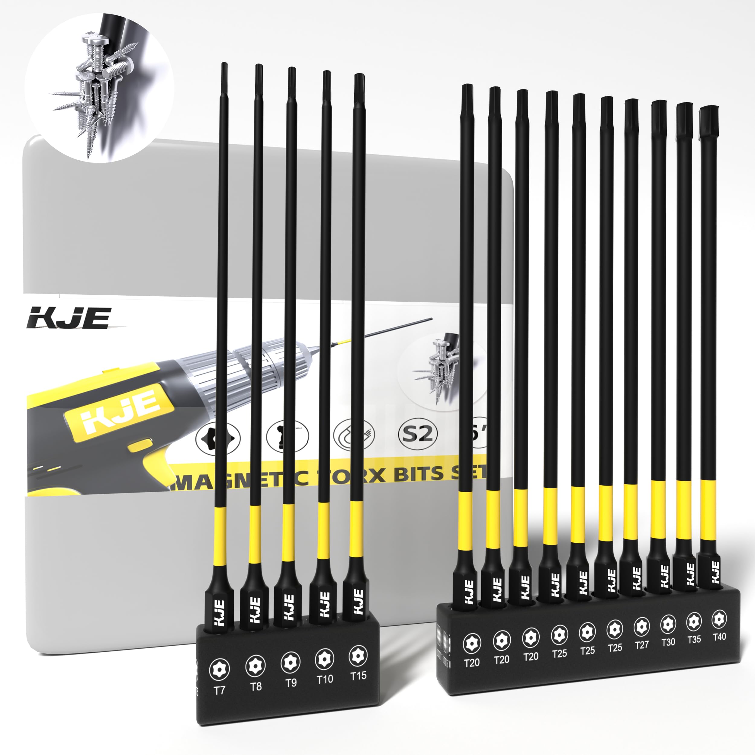 KJE 15-Piece 6" Impact Torx Screwdriver Bit Set (TT7-TT40) - S2 Steel Security Torx Bit Set with Magnetic Tips - 1/4" Hex Shank for Impact Drivers -