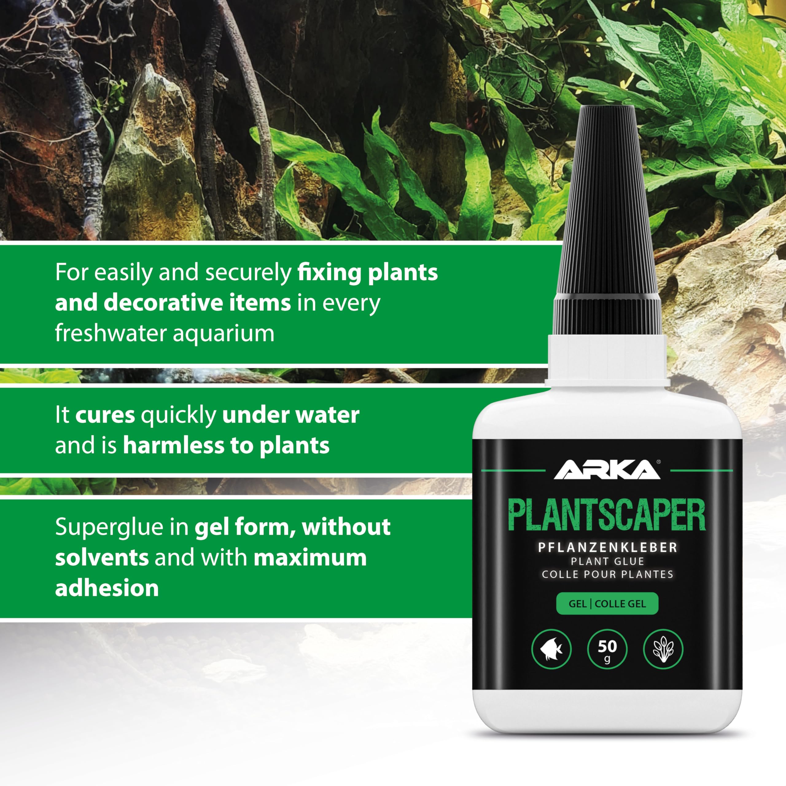 Colla piante acquario 50 g gel – ARKA Plantscaper – per muschi, radici, rocce e decorazioni – non cola, aderisce subito – sicura per gamberetti e piante – per aquascaping dolce – uso professionale