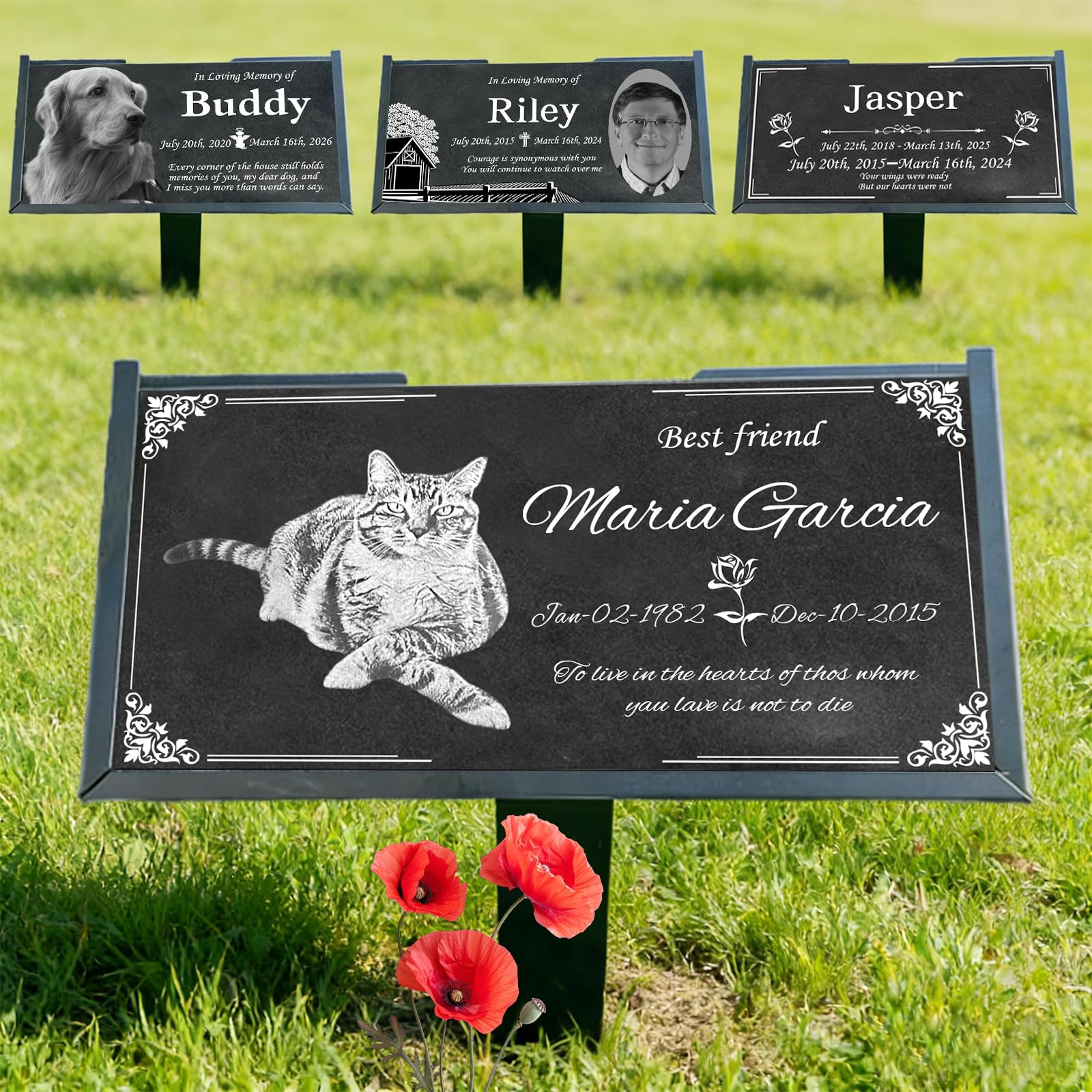 Yibairui Black Granite Pet Memorial Stone for Dog or Cat Loss, Engraved Garden Tombstone Headstone for Outdoor Yard Grave Marker with Iron Stand (memorial plaques 4)