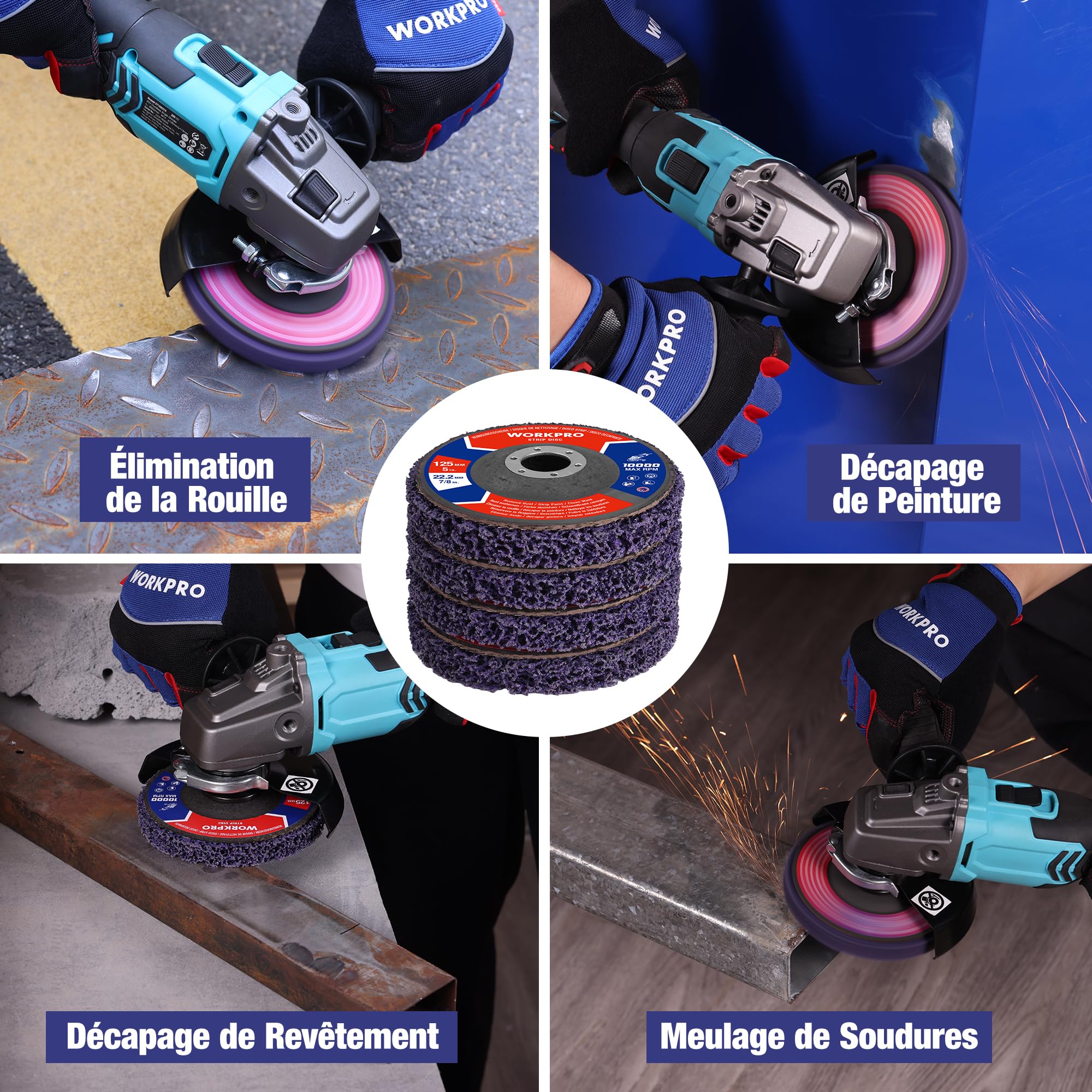 WORKPRO 6 Disques de Nettoyage 125mm, Disques de Décapage Abrasifs pour Meuleuse d'Angle, Idéal pour Éliminer la Peinture, la Rouille, les Soudures et les Couches de Protection sur Métal, Pierre, Bois