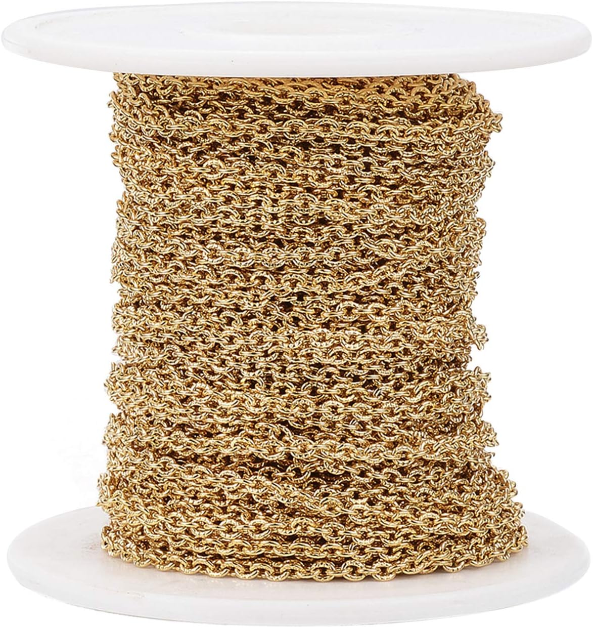 Craftdady 32 Feet Stainless Steel Link Cable Chain Golden Textured Rolo Cross Chain Flat Oval Jewelry Extender Chain Link 3x2mm Unsoldered with Spool for Necklace Bracelet Craft Earring Making