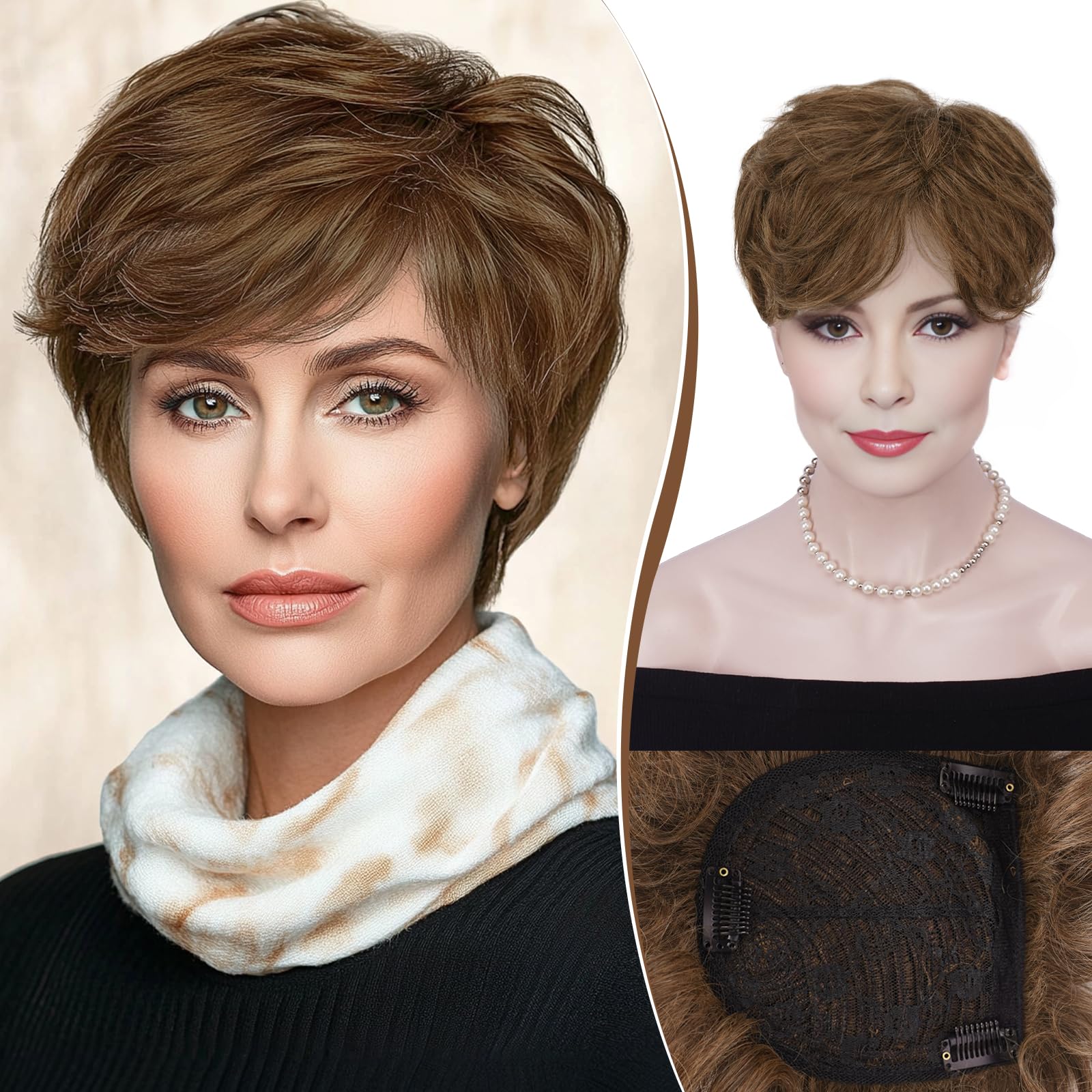 RUWISS Short Hair Toppers for Women Real Human Hair, 5x5.5 Base Pixie Cut with Bangs, Clip-In Curly Hair Pieces for Women, Natural Medium Brown