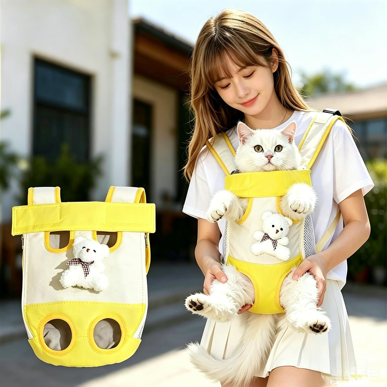 Cat Puppy Backpack Carrier Double Shoulder Cute Bear Decor Spring Summer Breathable Indoor Outdoor Front or Back Wear Pet Supplies (Medium)
