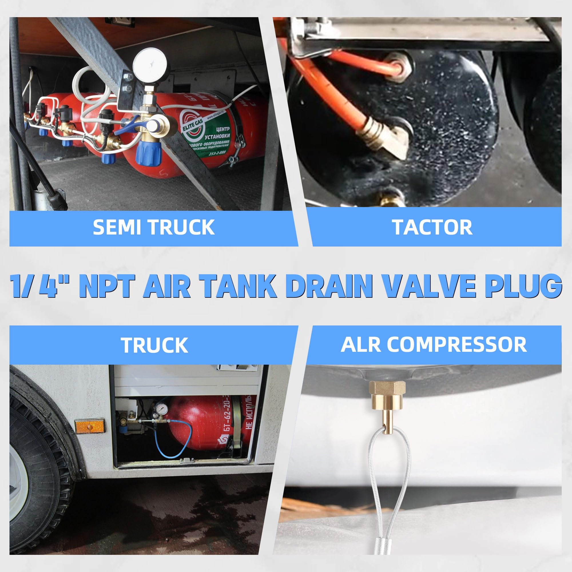 Brass Air Tank Drain Valves - 4 Pack with Cable -7