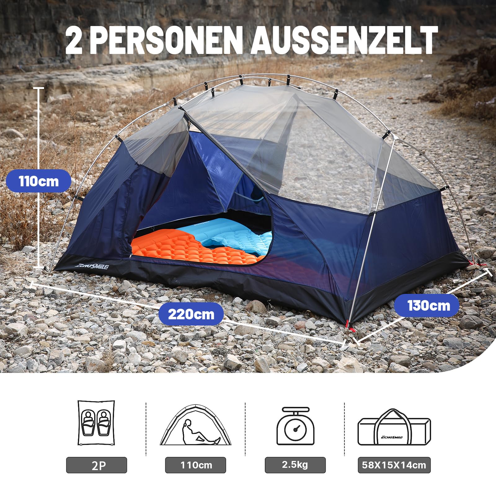 EchoSmile Camping Zelt 2-3 Personen, Wasserdicht PU3000 mm Wurfzelt, Ultraleichtes Double-Layer Kuppelzelt mit 2 Türen, 3–4 Saison Zelte für Camping, Wandern & Bergsteigen, Einfache Montage