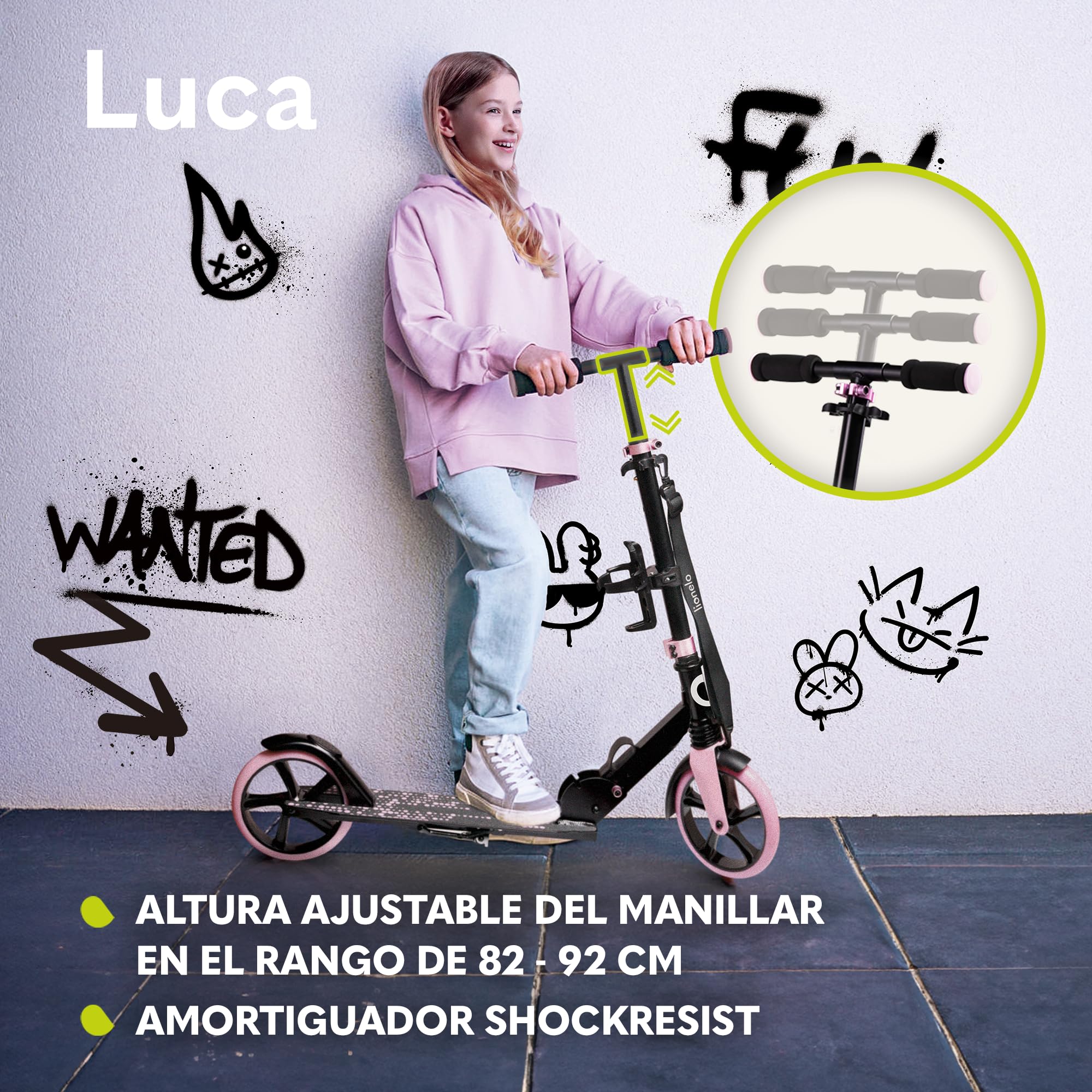Lionelo Luca Patinete Urbano XXL hasta 100 kg, Scooter niños Ruedas 200 mm ShockResist Amortiguador