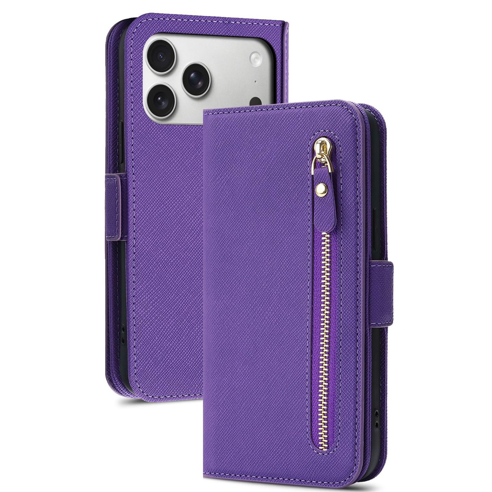 MFAOSHI Crossbody Case for iPhone 17 Pro Max/17 Pro/17 Air/17, Zipper Wallet Flip Leather Cover with Makeup Mirror Kickstand Function Case,Purple,17