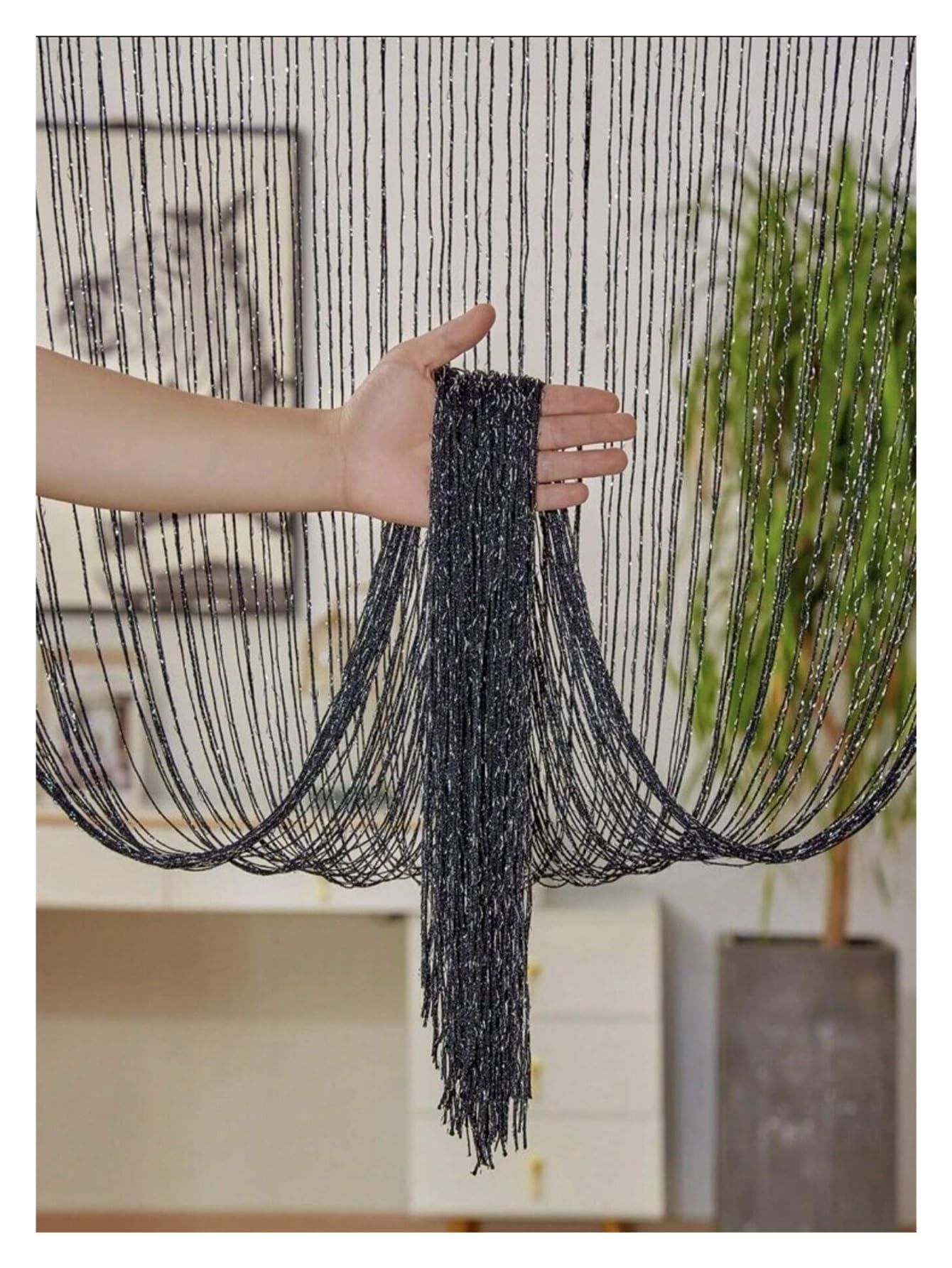 ERHTGUO Glittery String Curtain – Sheer Tassel Room Divider, Modern Home Decor, Event Backdrop For Living & Bedroom(Black)