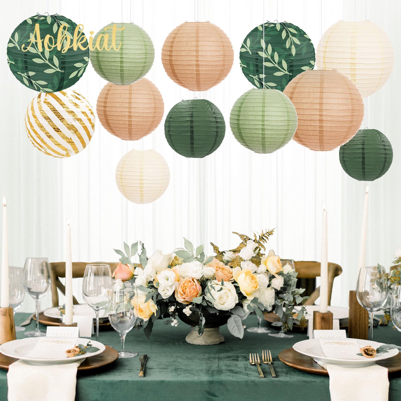 Aobkiat Zestaw papierowych lampionów, dekoracja imprezowa, zielona, brązowa, wisząca, na wieczór panieński, zielone dekoracje weselne w stylu boho, przyjęcia urodzinowe, 12 sztuk