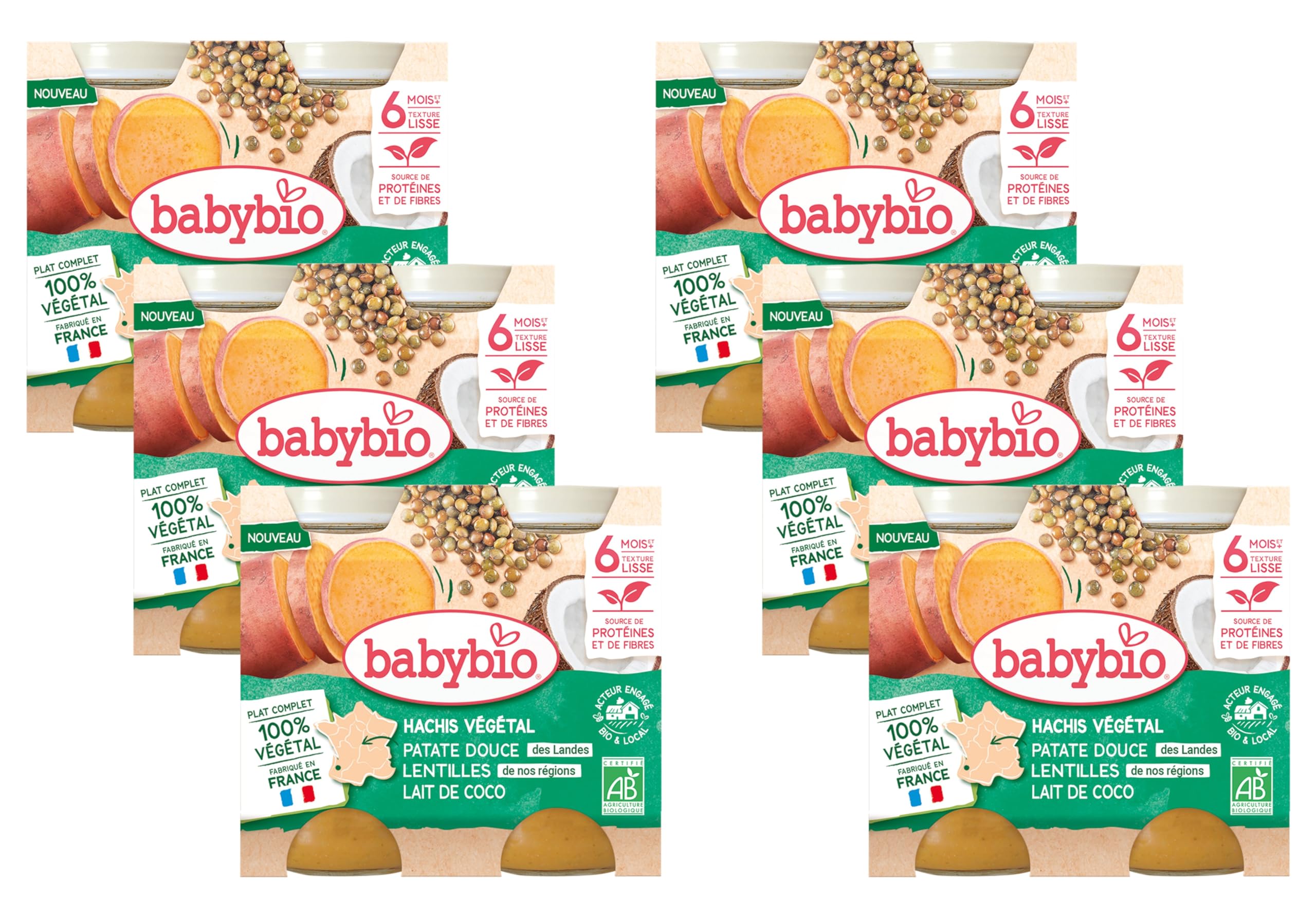 BABYBIO - Petits pots - Hachis végétal - Patate douce Lentilles Lait de coco - 6+ mois - 2 x 200g - BIO - Lot de 6