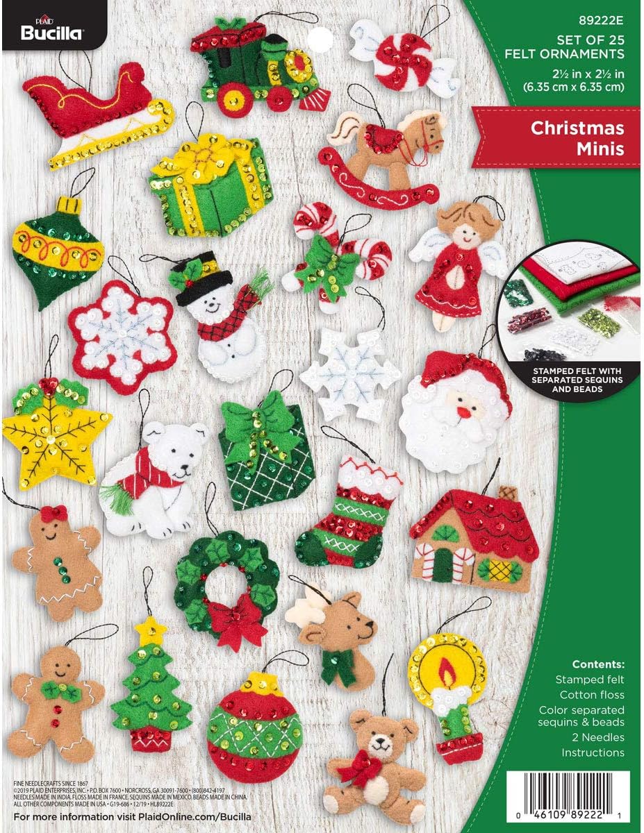 Bucilla Felt Applique Ornament Kit, 2.5" x 2.5", Christmas Minis