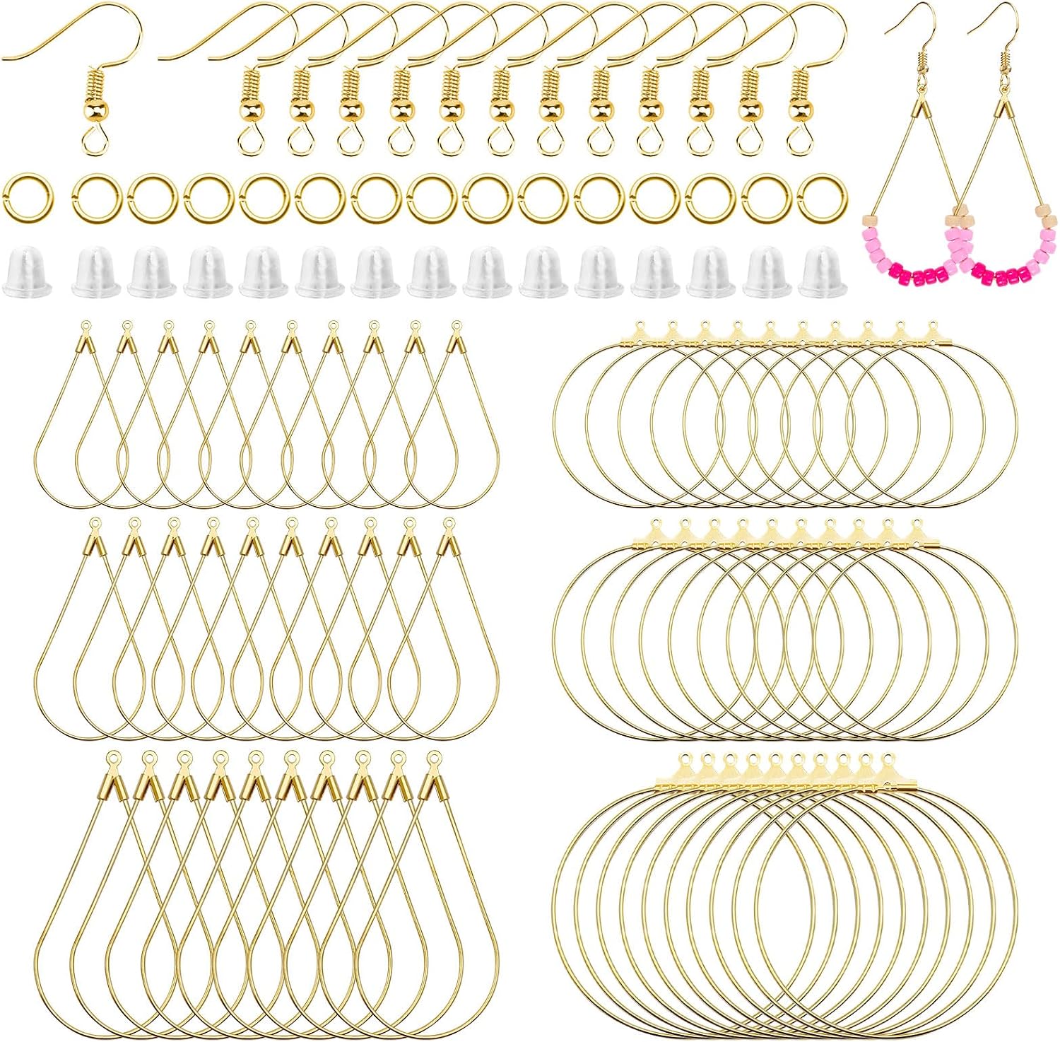 372Pcs Earrings Beading Hoop Set with 72 Earring Finding Teardrop Round Beading Hoop Earrings Bulk with 100 Hooks,100 Jump Ring,100 Ear Backs for DIY Jewelry Making Earrings Making Supplies(K Gold)
