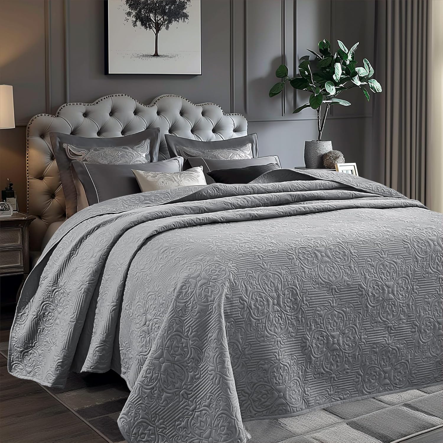 Sophia & William Dark Gray Vintage Quilt, Soft Damask Ultrasonic Quilt, Lightweight Reversible Coverlet, Embossed Pattern Bedspread for All Season - Dark Gray, 10696
