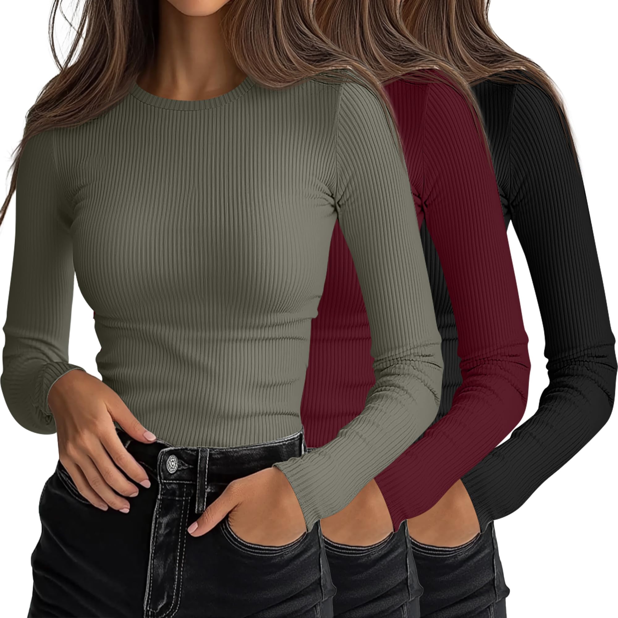 Photo 1 of Ficerd 3 Pack Women's Ribbed Long Sleeve Tops, Crew Neck Slim Fit Undershirts Knit Basic Casual Stretch Layering Tee Shirts(Black, Gray Green, Burgundy Red,Large)