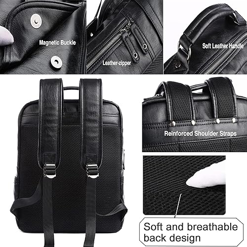 Miniatura 5 de CHAO RAN Mochila de cuero negro para computadora portátil para hombres, mochila de viaje grande vintage mochila impermeable de trabajo mochila para