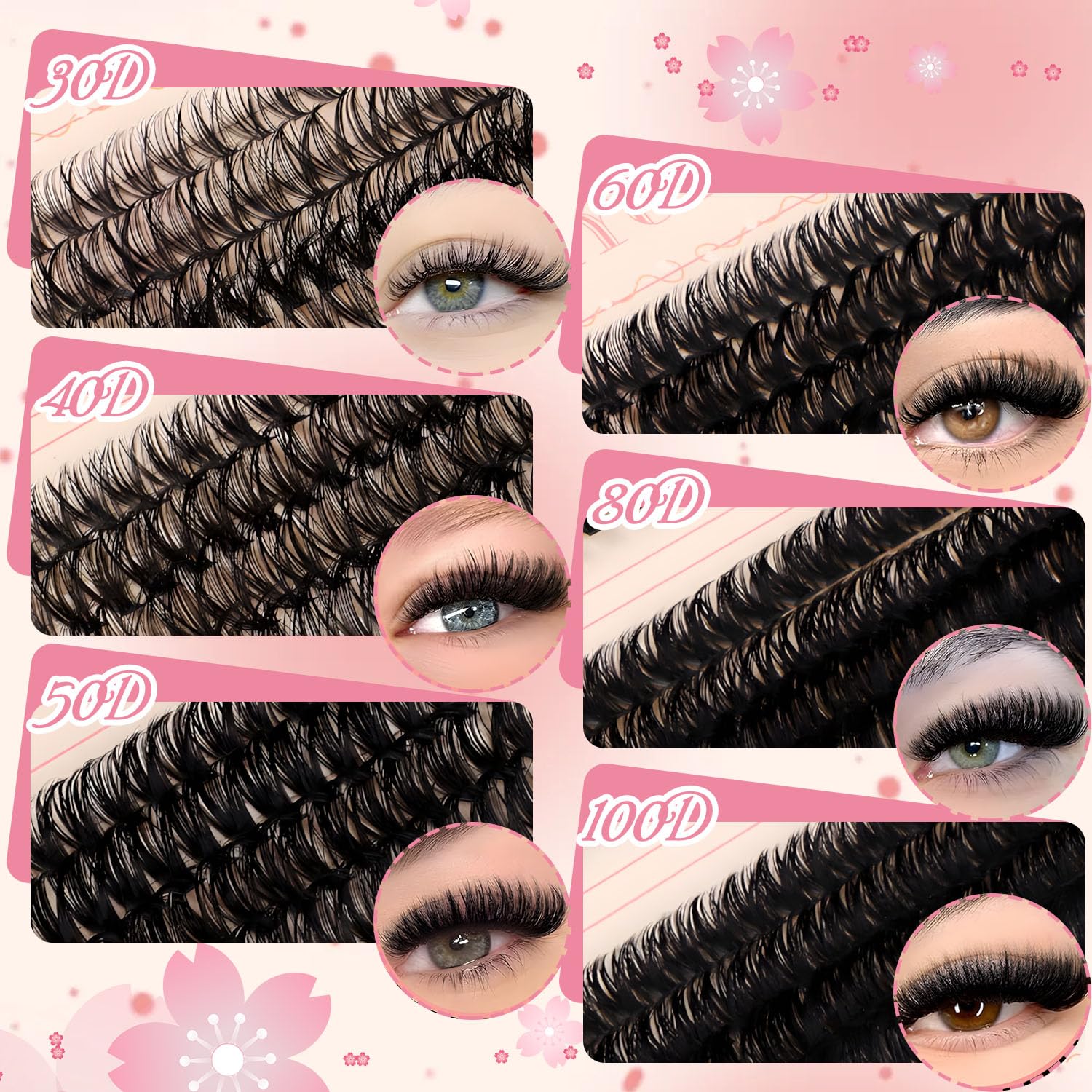 MOTIBACK 480pcs DIY Mixed False Eyelashes Kit, Individual & Cluster Lashes (30-100D, 10-16mm), Black - Image 3
