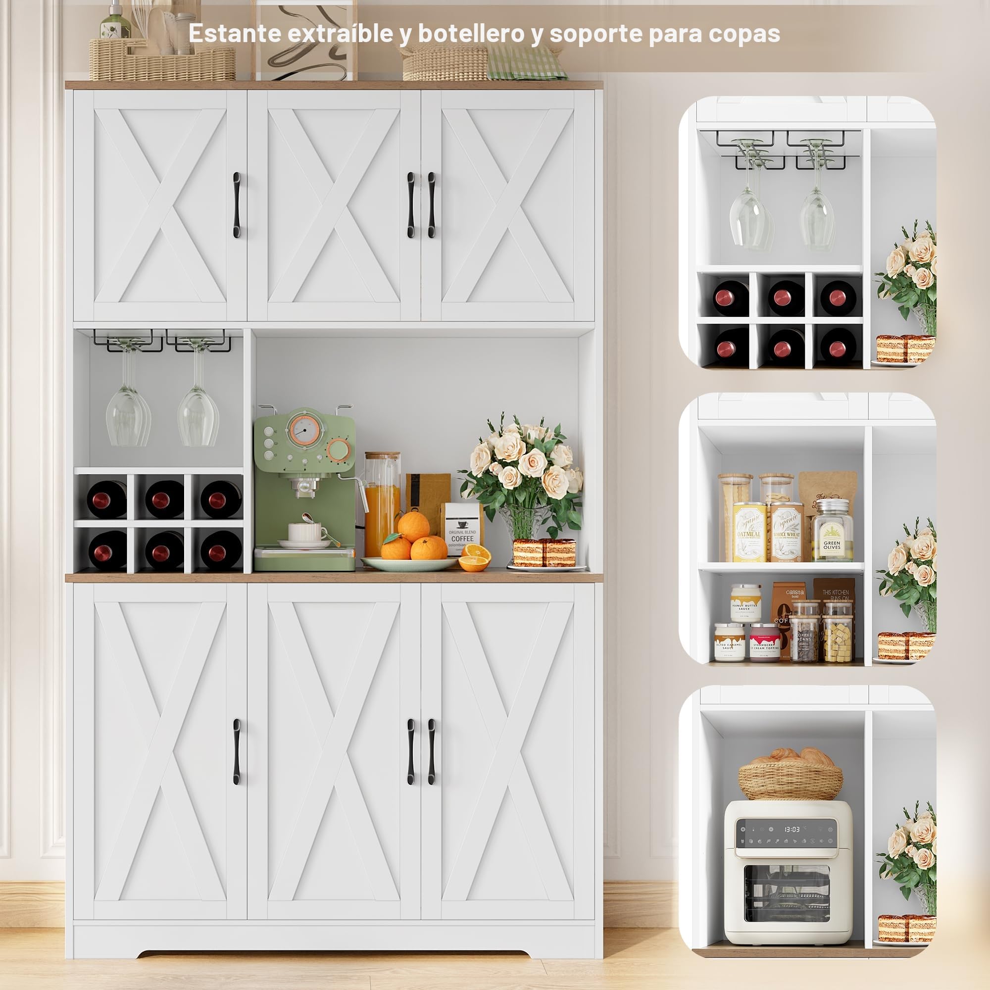 HOCSOK Alacena de Cocina，Armario con 6 Puertas, Soporte para Copas, Botellero Vino, Mueble de Cocina con Soporte para Microondas, para Comedor Y Sala De Estar, Blanco, 106x37x180 cm