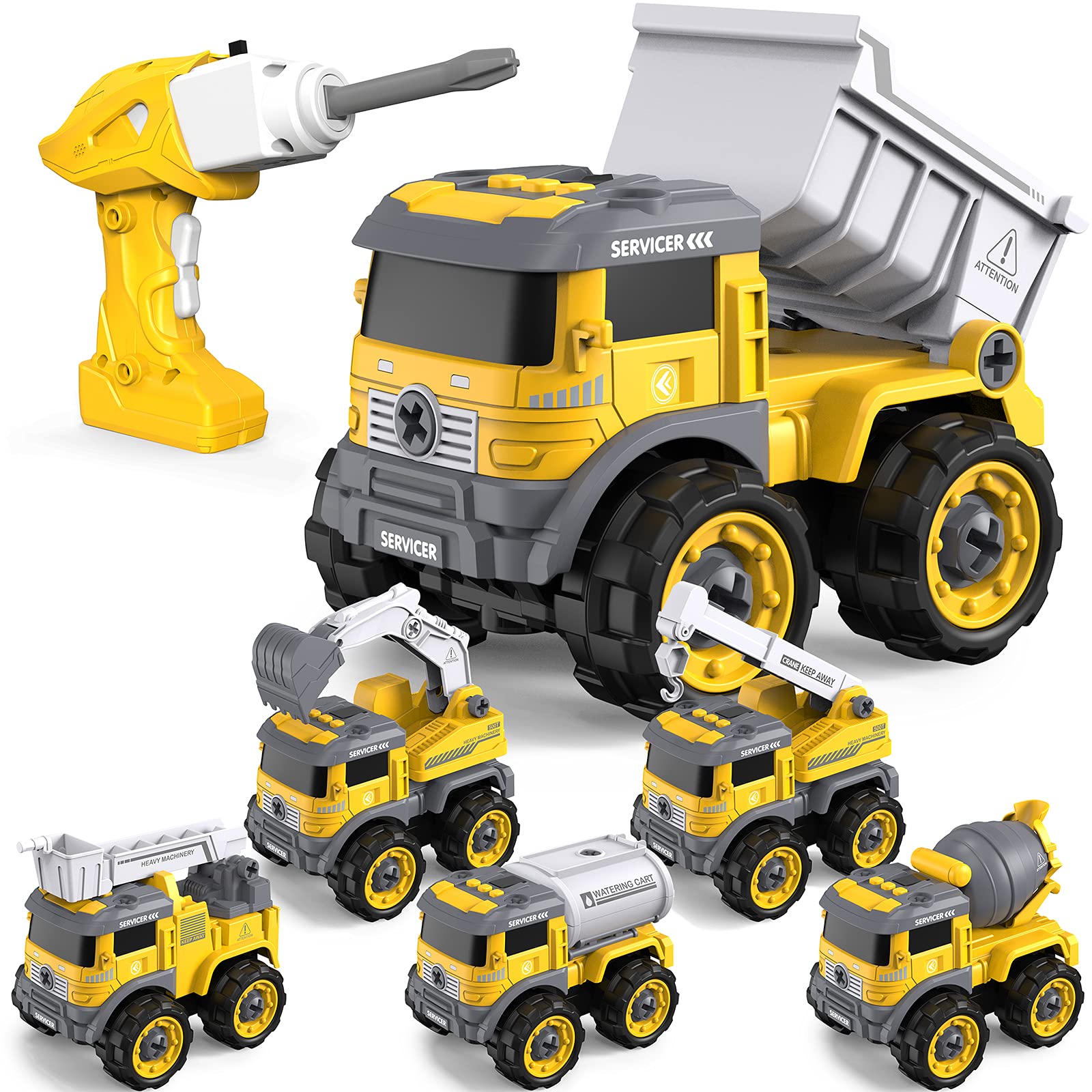 Gizmovine DIY 6-in-1 Remote Control Construction Trucks Toy Set for Boys & Girls Aged 3-8