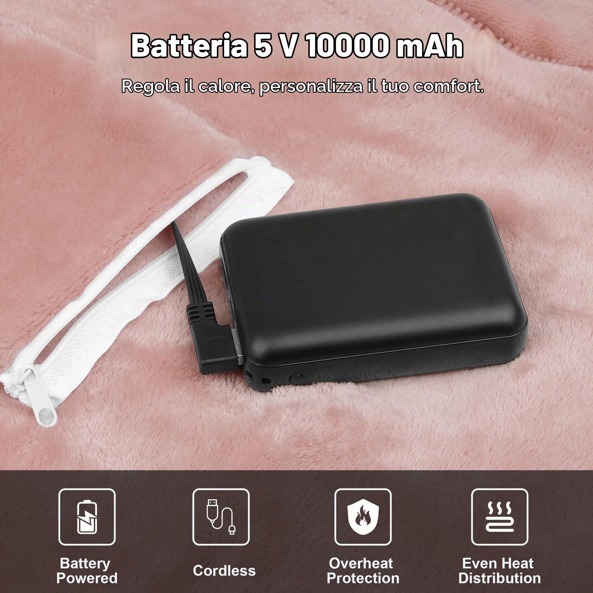 Coperta Riscaldante Elettrica Senza Fili 160x90 cm, con Batteria 10000 mAh, 6 Zone di Riscaldamento, 3 Livelli di Temperatura, Plaid Termico USB per Casa, Ufficio, Auto, Campeggio(Rosa)