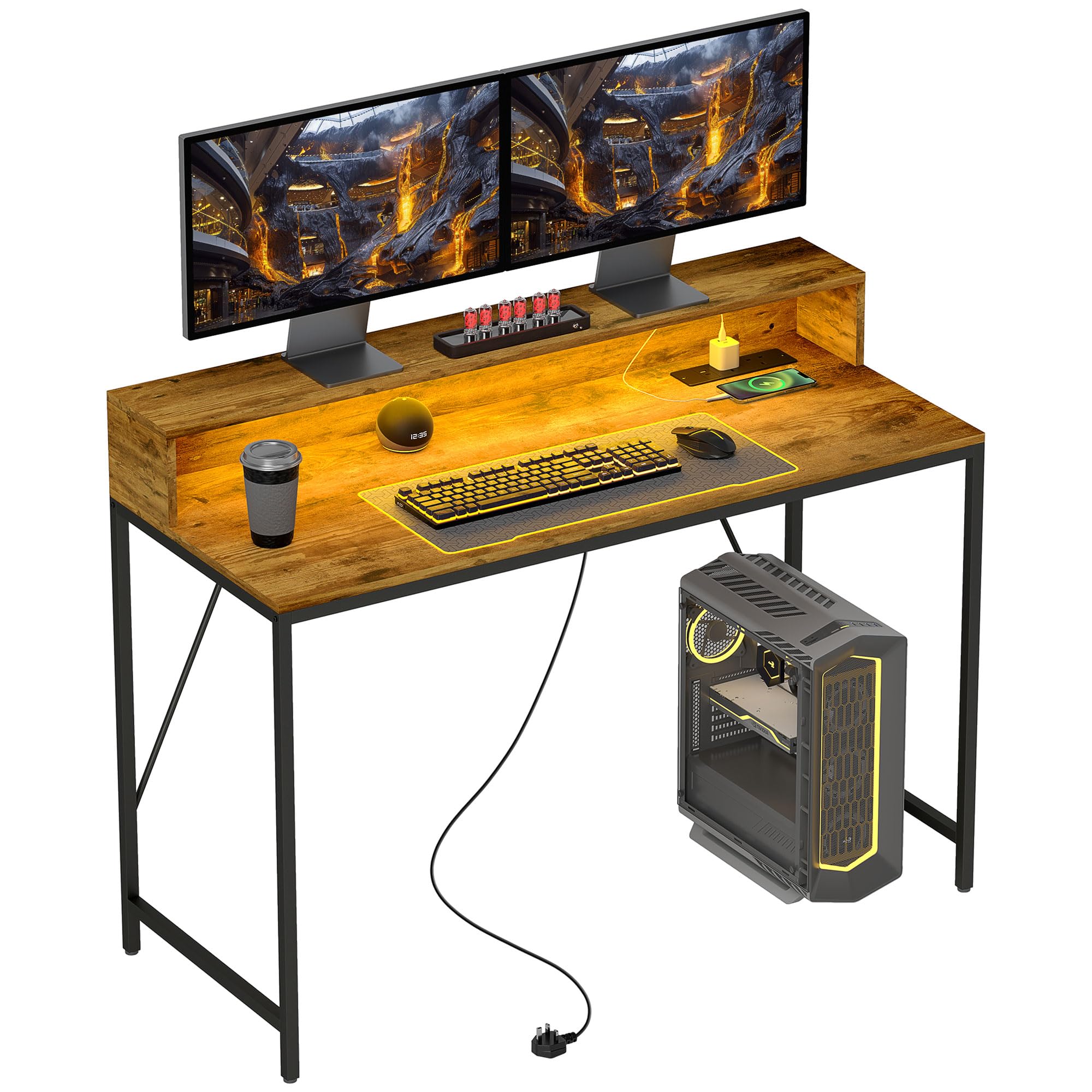 Homcom Unisex Brown Computer Table With Led Lights, Gaming Desk With Shelf, Rustic
