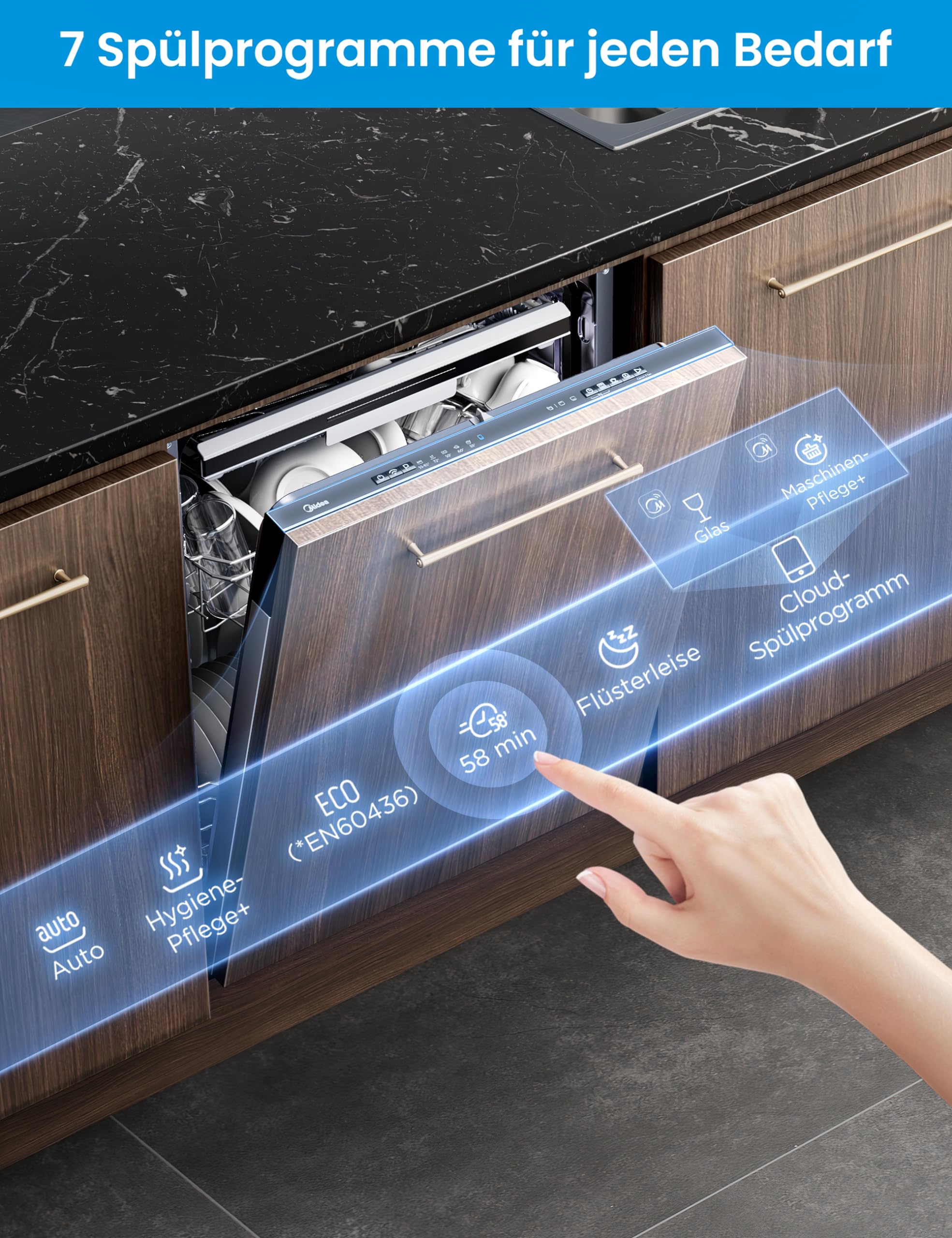 Midea SV 7.03M14B Lave-vaisselle entièrement intégré, 60 cm, 14 compartiments standards, tiroir à couverts, entretien hygiénique, avec WiFi, 7 programmes, 42 dB, Dualzone Wash, séchage supplémentaire