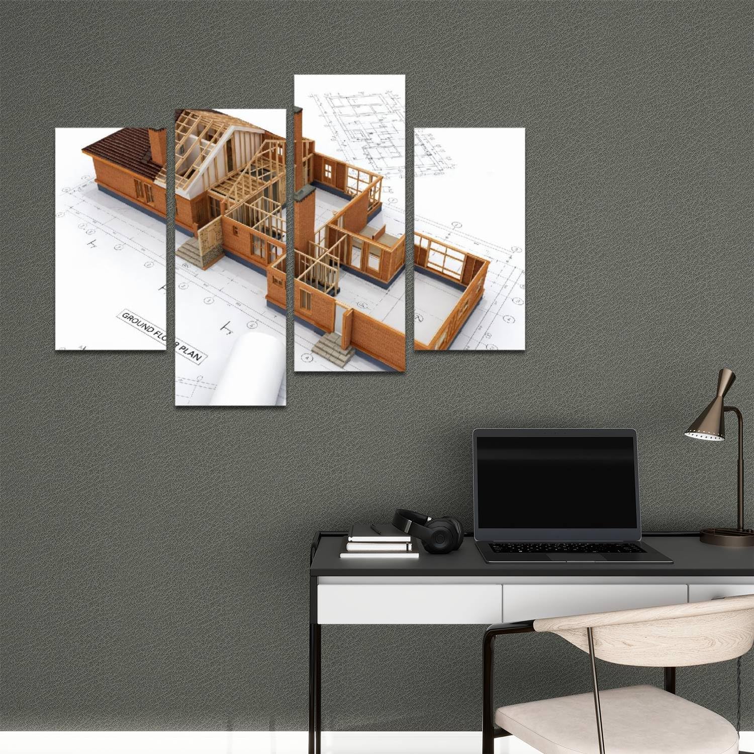 Generic Building Under Construction Blueprints Isolated White Canvas Prints Wall Decor 4 Pieces Contemporary Framed Artworks for Living Room Bedroom Bathroom Office Home Decoration Gifts