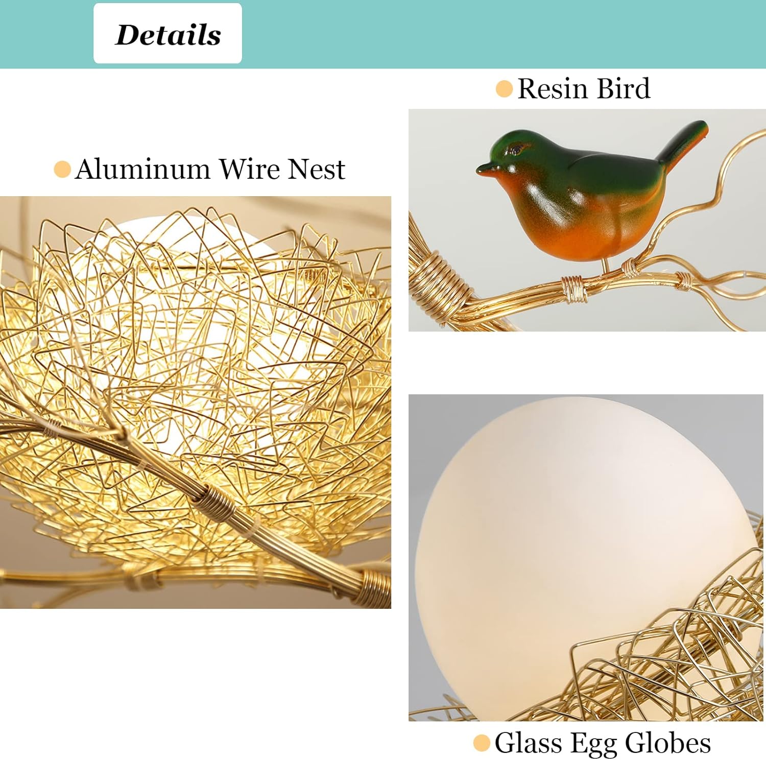 Modern Birds Chandelier, Fun Ceiling Pendant Lamp with Wire Nest, Glass Egg Globes Hanging Light Fixture (2 Lights)