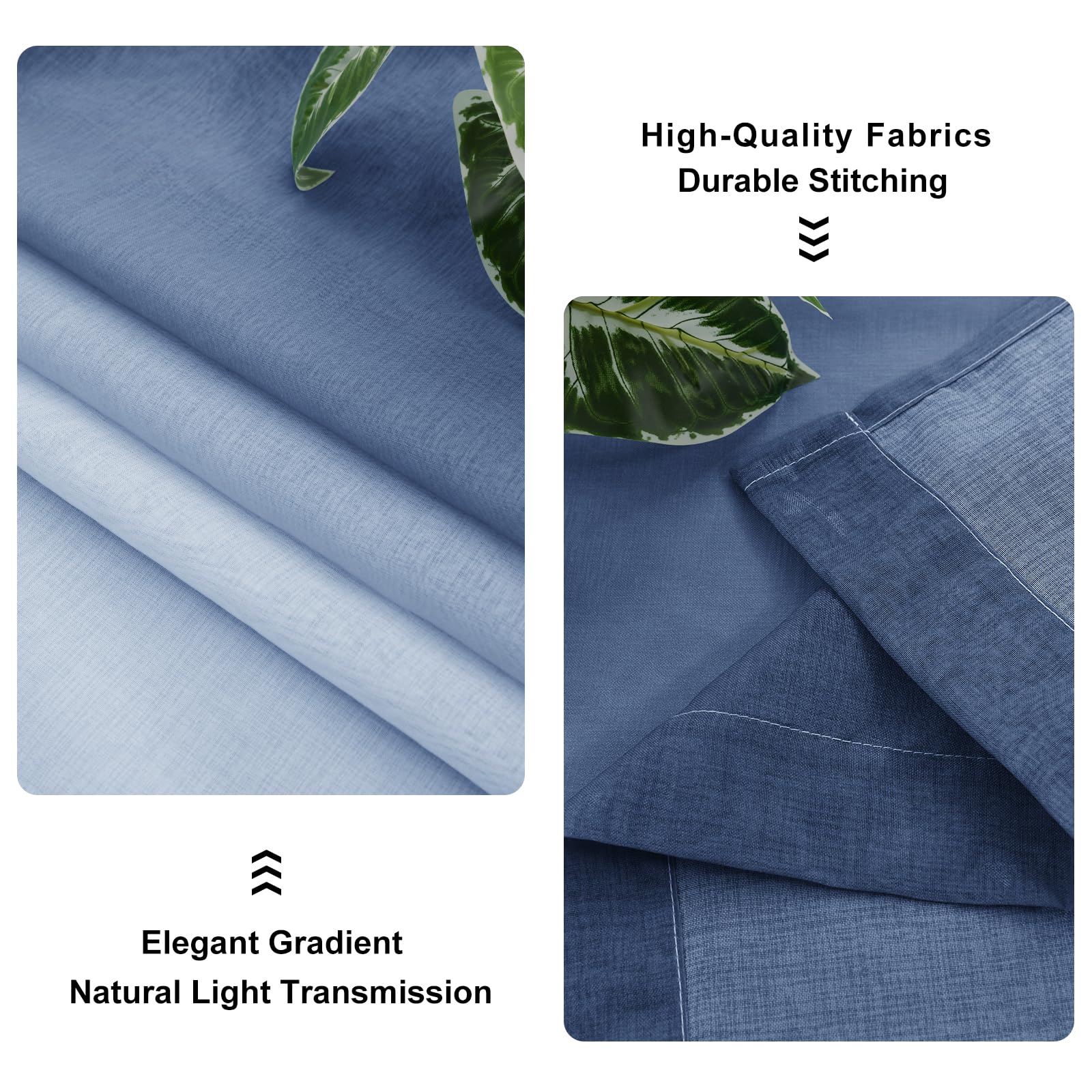 Lot de 2 voilages dégradés ombrés pour chambre à coucher et salon - Rideaux à passants 225 x 140 cm Bleu denim