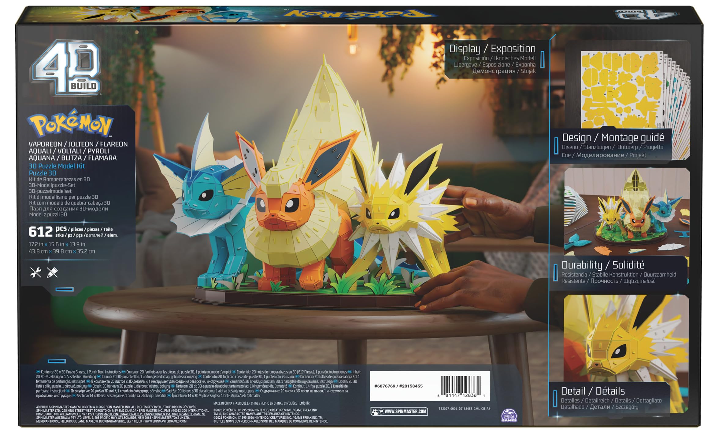4D Build, Kit di modellismo 3D del Trio di evoluzioni di Pokémon Eevee con Vaporeon, Flareon e Jolteon, Personaggio Pokémon, Decorazione da scrivania, 612 Pezzi, dai 12 Anni in su