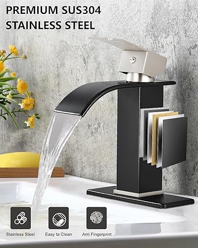 Miniatura 5 de Midanya Grifo de lavabo de baño con boquilla ancha de níquel cepillado, grifo de baño de cascada de una sola manija, grifo de tocador de montaje en